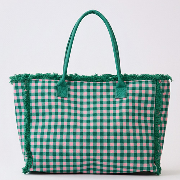 Bolso tote deshilachado de tela de toalla a cuadros vichy rosa y azul