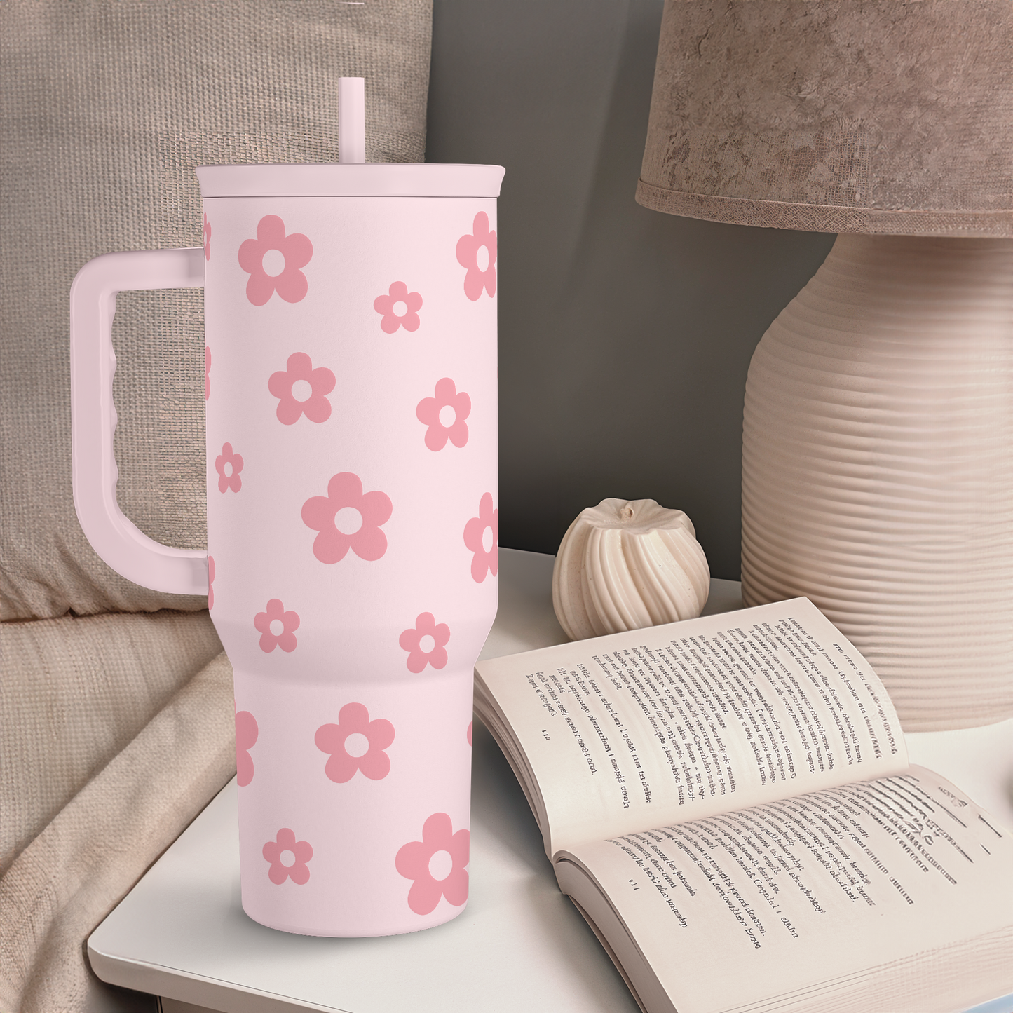 Floral Tumbler with Handle and Straw 40oz Stainless Steel Slider Tumbler Travel Coffee Mug for Women - Gift Idea for Birthday Christmas