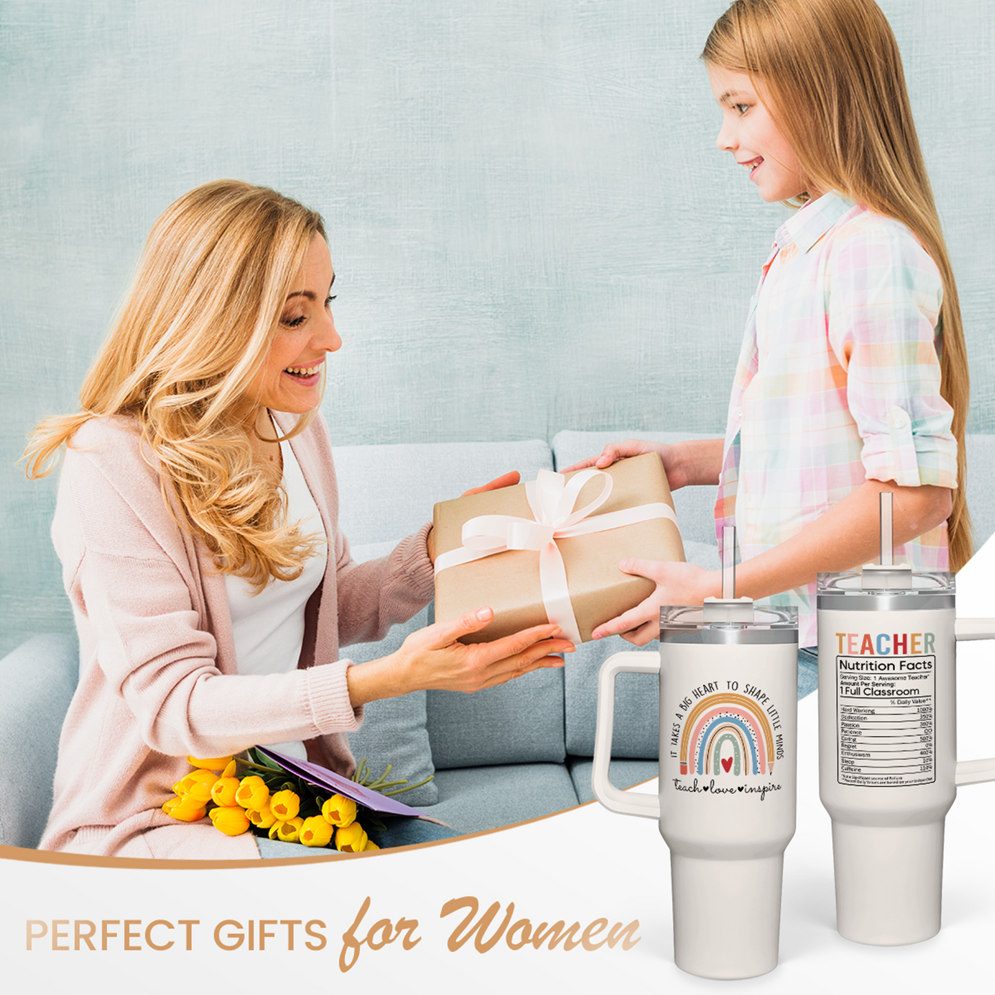 Teacher Appreciation Gifts It Takes a Big Heart to Shape Little Minds Tumbler with Handle 40oz Stainless Steel Coffee Cup - Thank You Gifts from Students for Teacher's Day Graduation Gifts