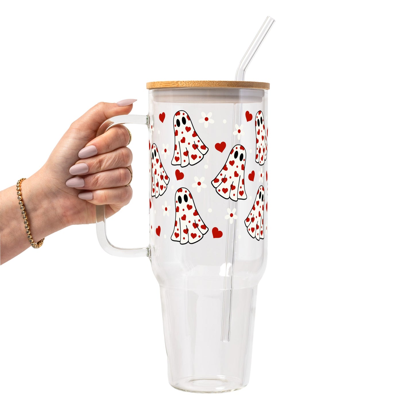 Heart Ghosts Valentine Glass Cup, Mug & Tumbler with Lid and Straw