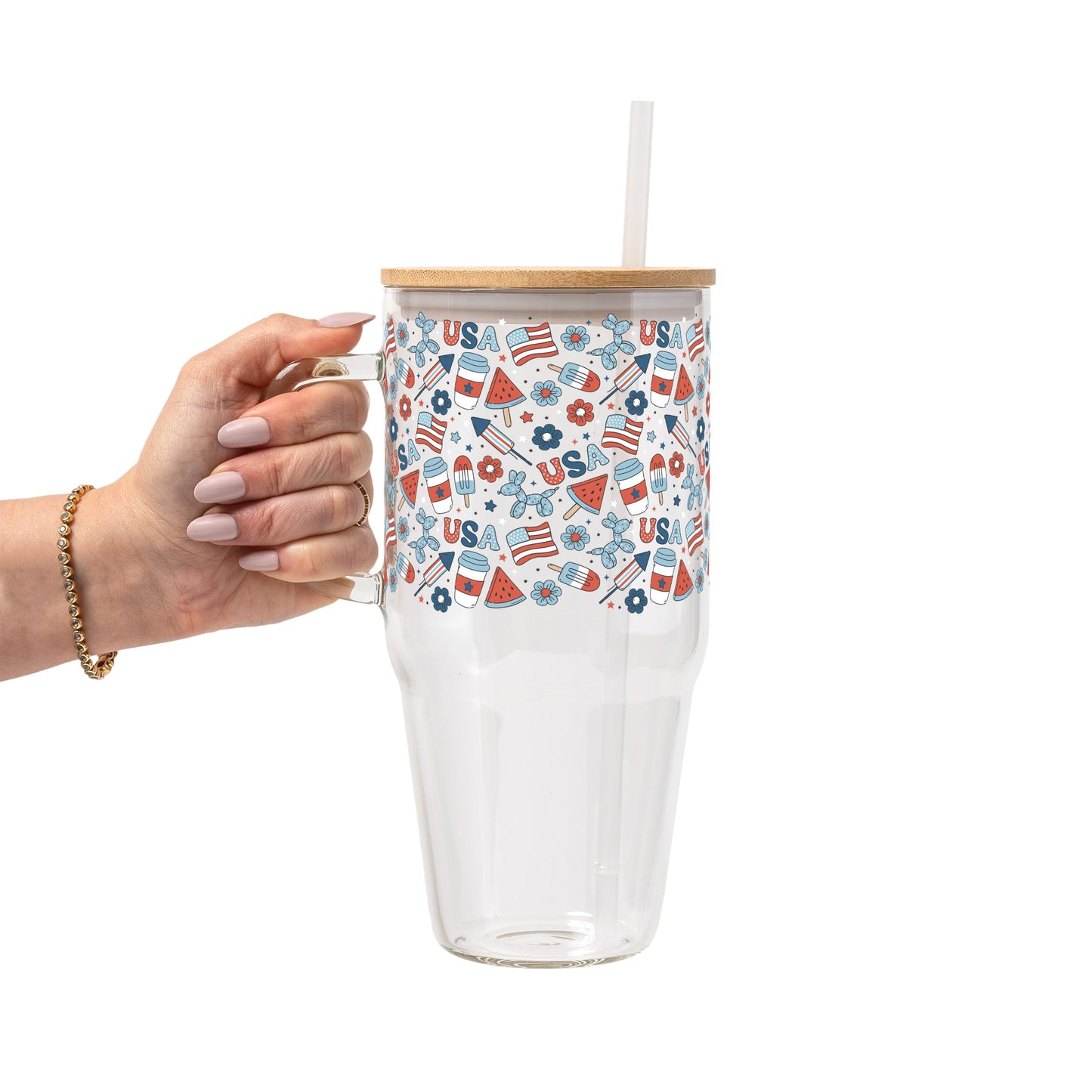 Patriotic Summer Vibes Glass Cup, Mug & Tumbler with Lid and Straw
