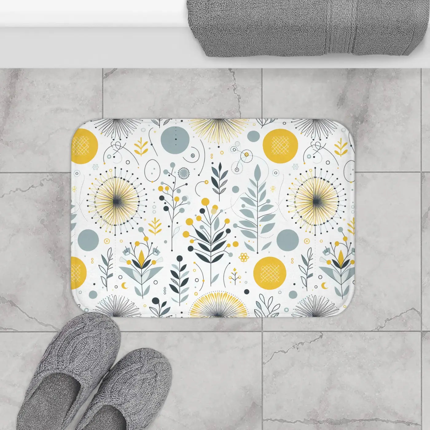 Floral Grey Pattern Bath Mat – Yellow Design - Dipaliz