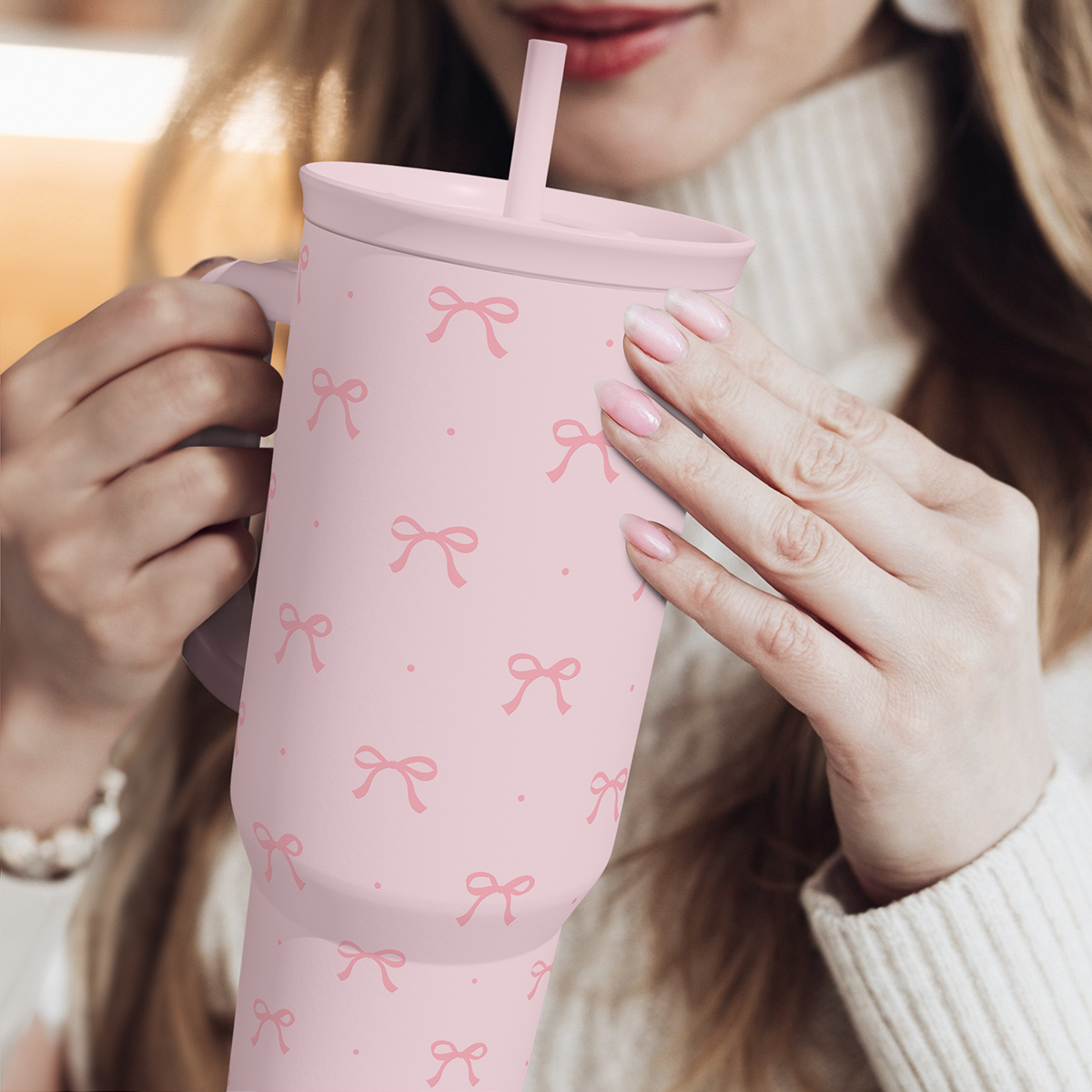 Gift for Women Girls - Coquette Bow Stainless Steel Tumbler with Handle, Travel Coffee Mug - Gifts for Birthday Christmas, 40oz