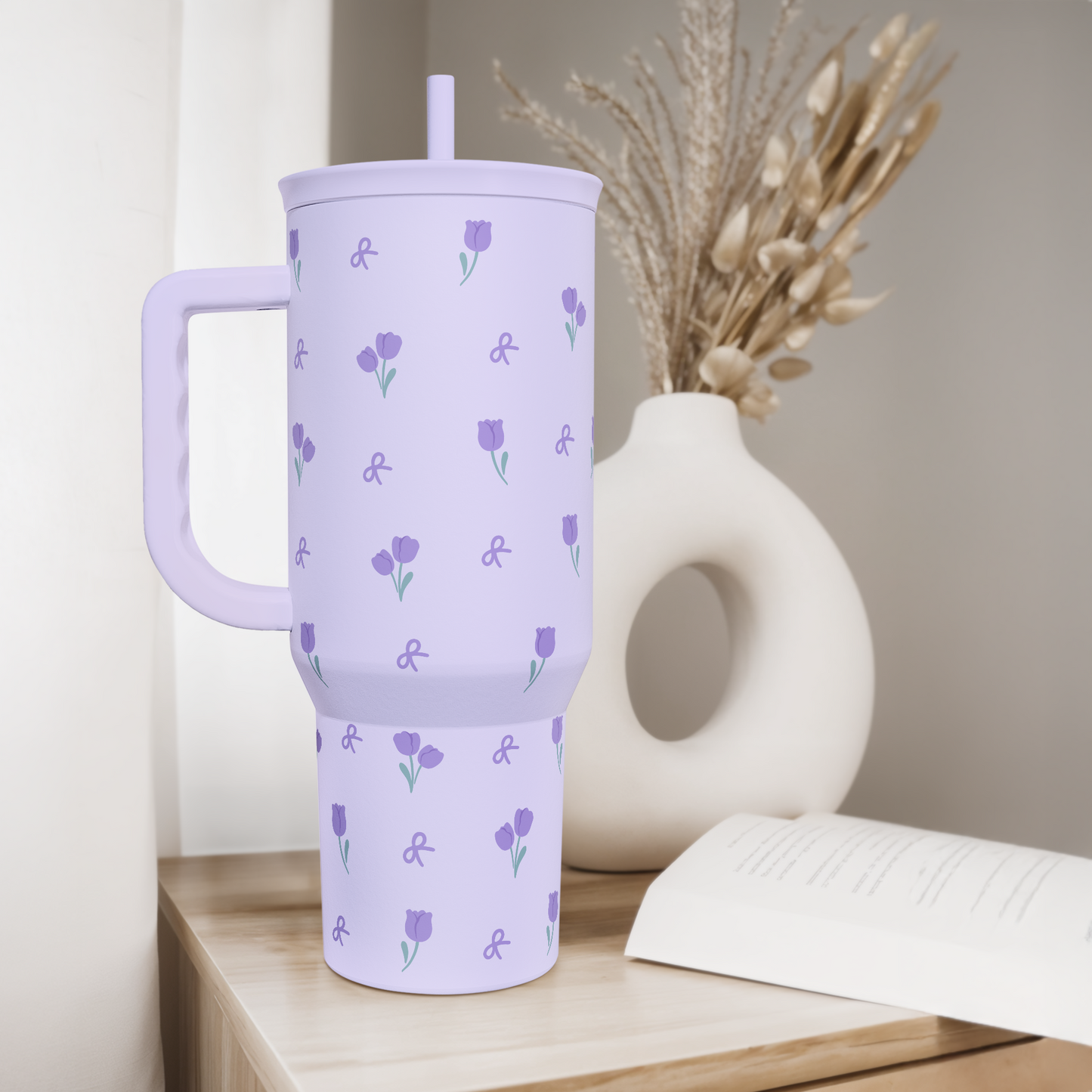 Floral 40oz Tumbler with Handle and Straw – Tulip Insulated Stainless Steel Travel Coffee Mug for Women Girls, Floral Gift Idea for Birthday Christmas Mothers Day