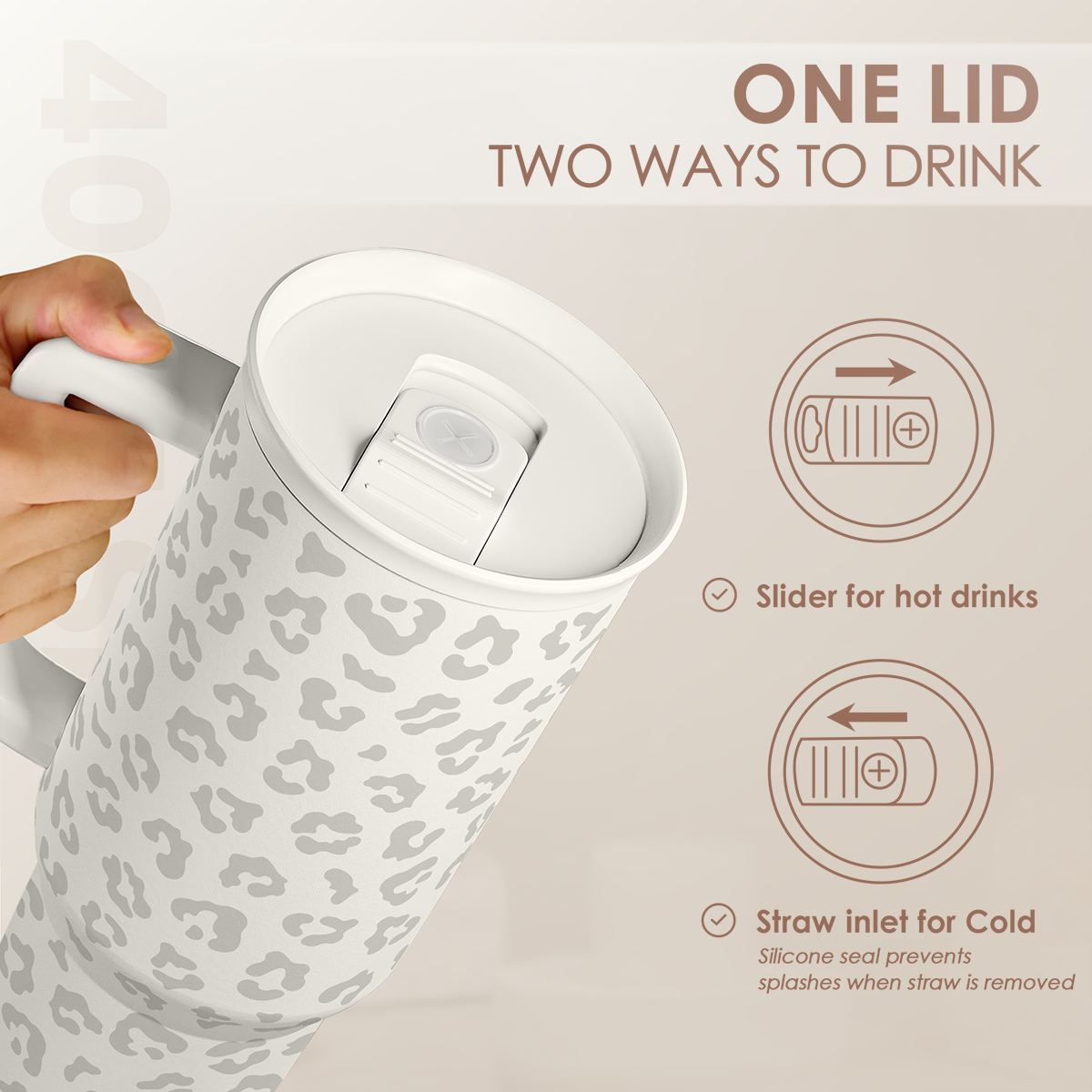 Leopard Tumbler with Handle, Insulated Stainless Steel Travel Mug Cup, Gifts for Women Girls on Birthday Christmas, Cream Leopard, 40oz