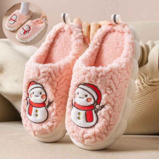 Women's Snowman Slippers - Warm Plush Winter Indoor House Shoes with Anti-Slip Sole