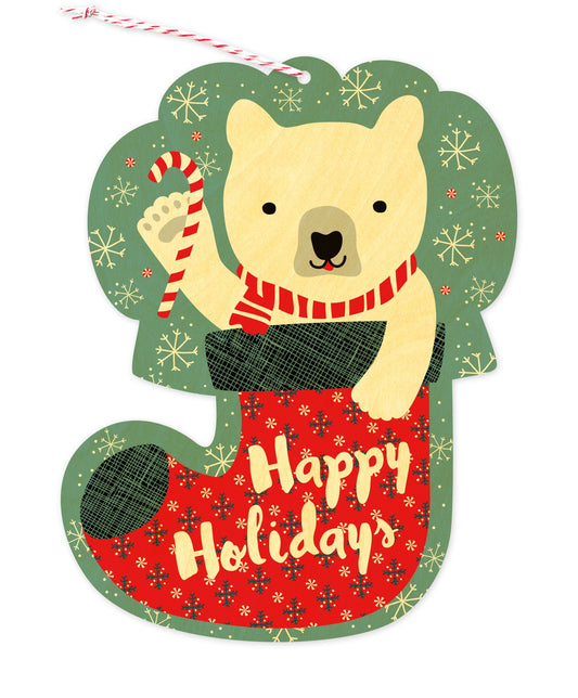 Bear Stocking Custom Holiday Ornament Card - Wood or Paper