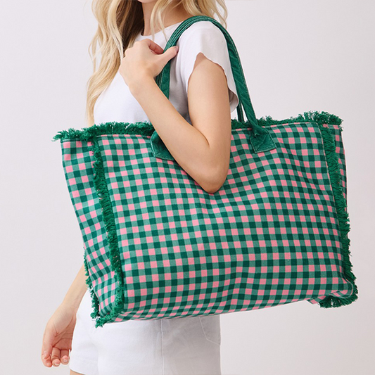 Bolso tote deshilachado de tela de toalla a cuadros vichy rosa y azul