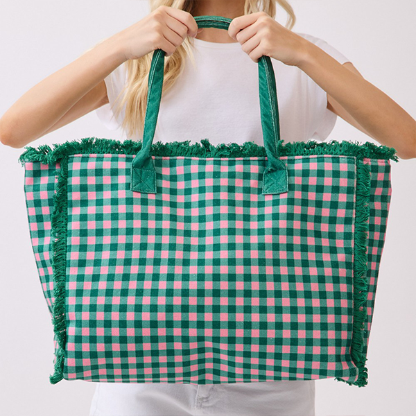 Bolso tote deshilachado de tela de toalla a cuadros vichy rosa y azul