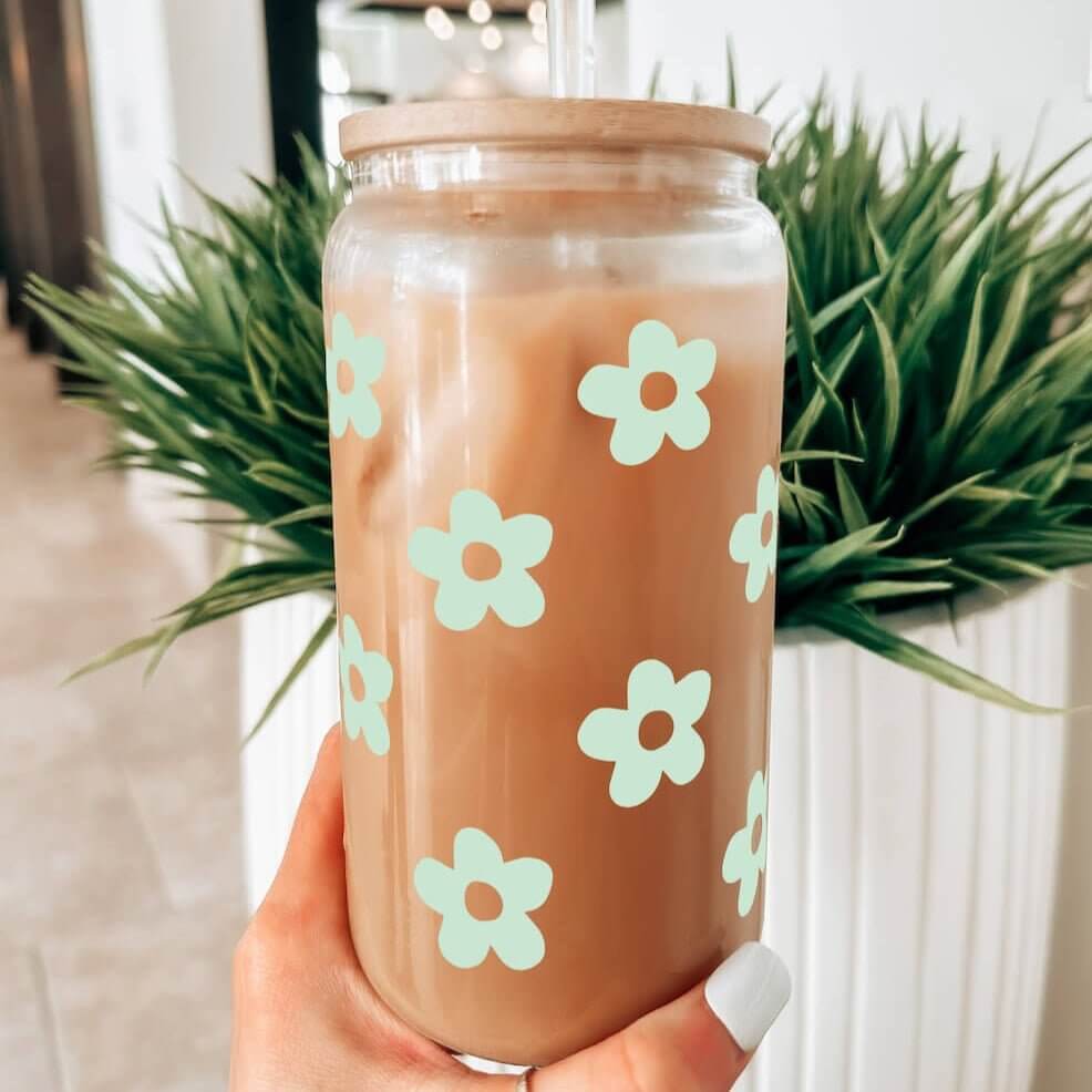Cute Daisy Glass Cup, Mug & Tumbler with Lid and Straw