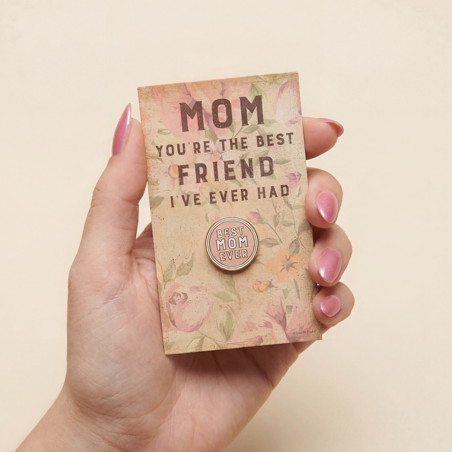 The Best Mom Ever Round Pink Enamel Pin on Gift Card