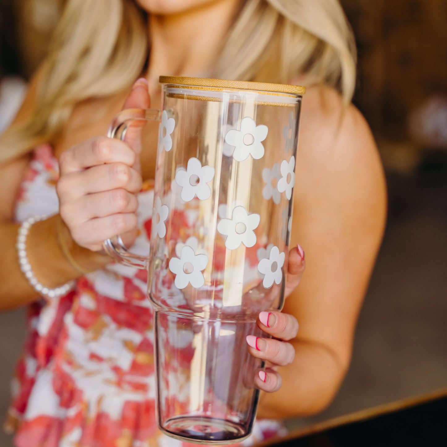Cute Daisy Glass Cup, Mug & Tumbler with Lid and Straw