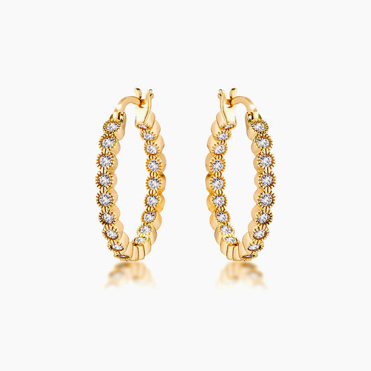 Gold Plated Dotted Clear CZ Round Bezel Hoop Earrings