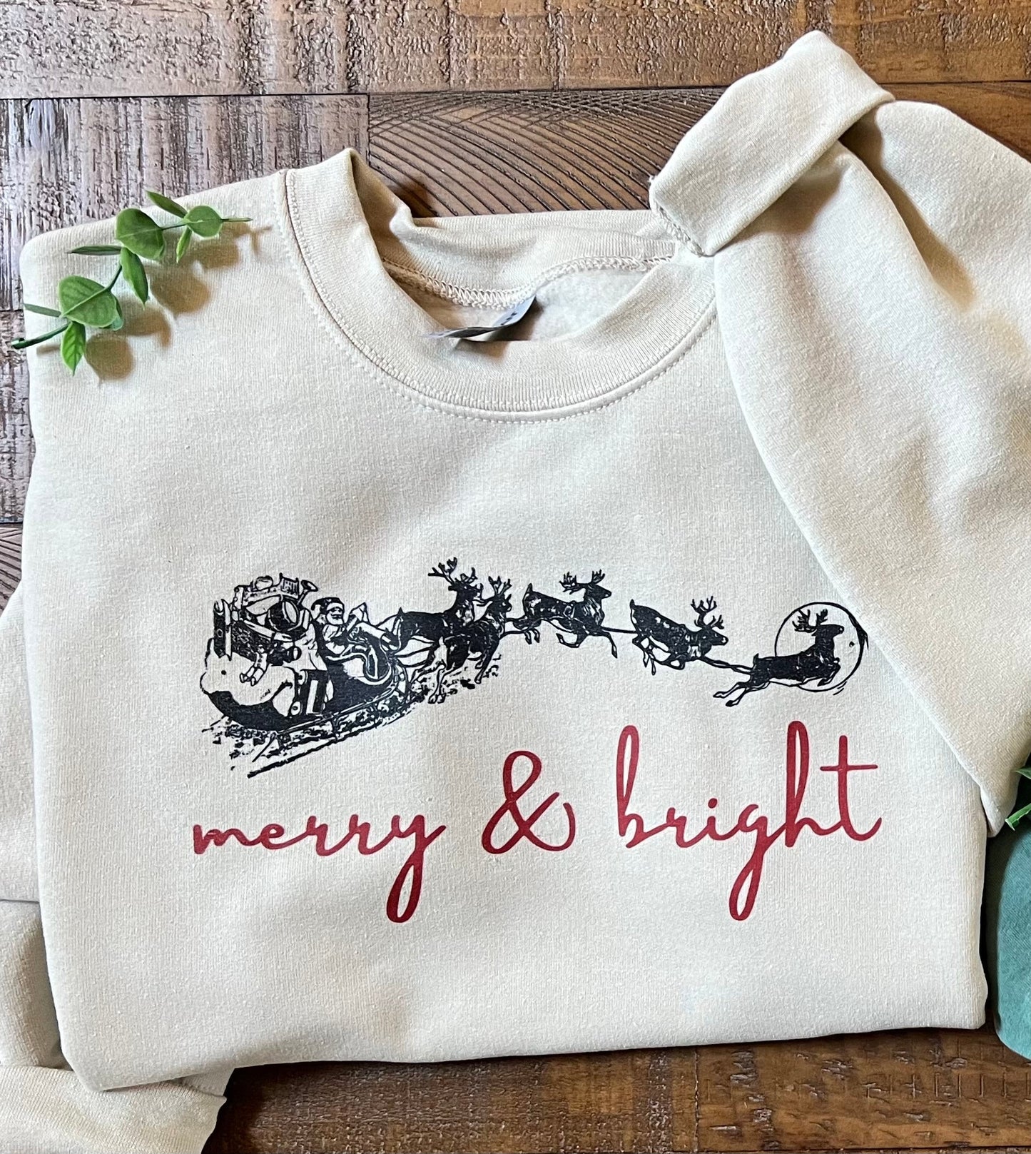 Merry & Bright Christmas Crewneck Sweatshirt | Vintage Santa Sleigh Sweatshirt | Neutral Holiday Crewneck