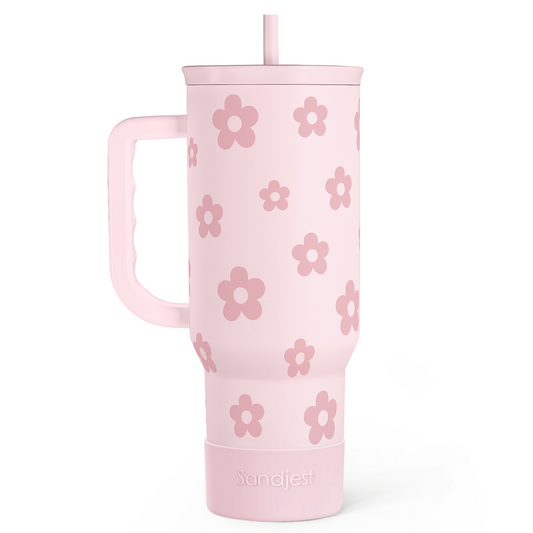 Floral Tumbler with Handle and Straw 40oz Stainless Steel Slider Tumbler Travel Coffee Mug for Women - Gift Idea for Birthday Christmas