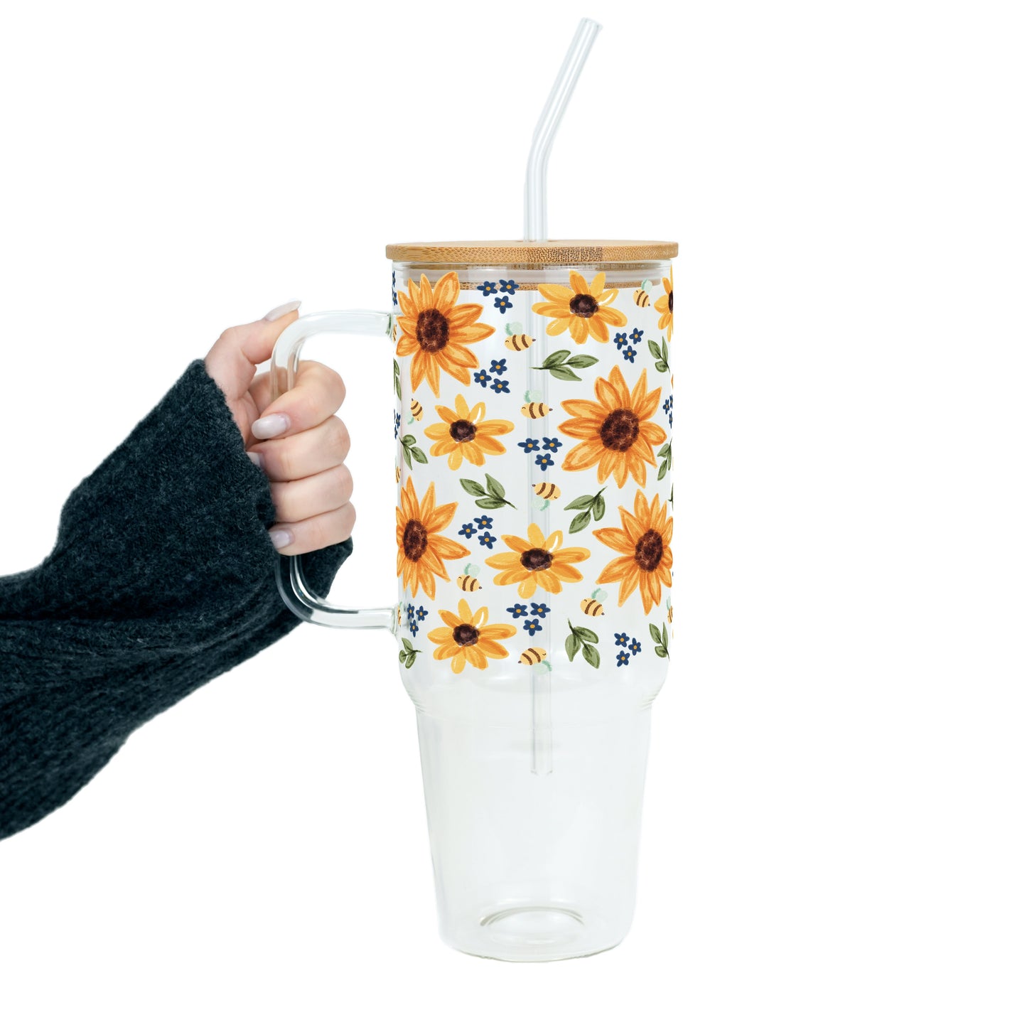 Sunflower With Bees Glass Cup, Mug & Tumbler with Lid and Straw