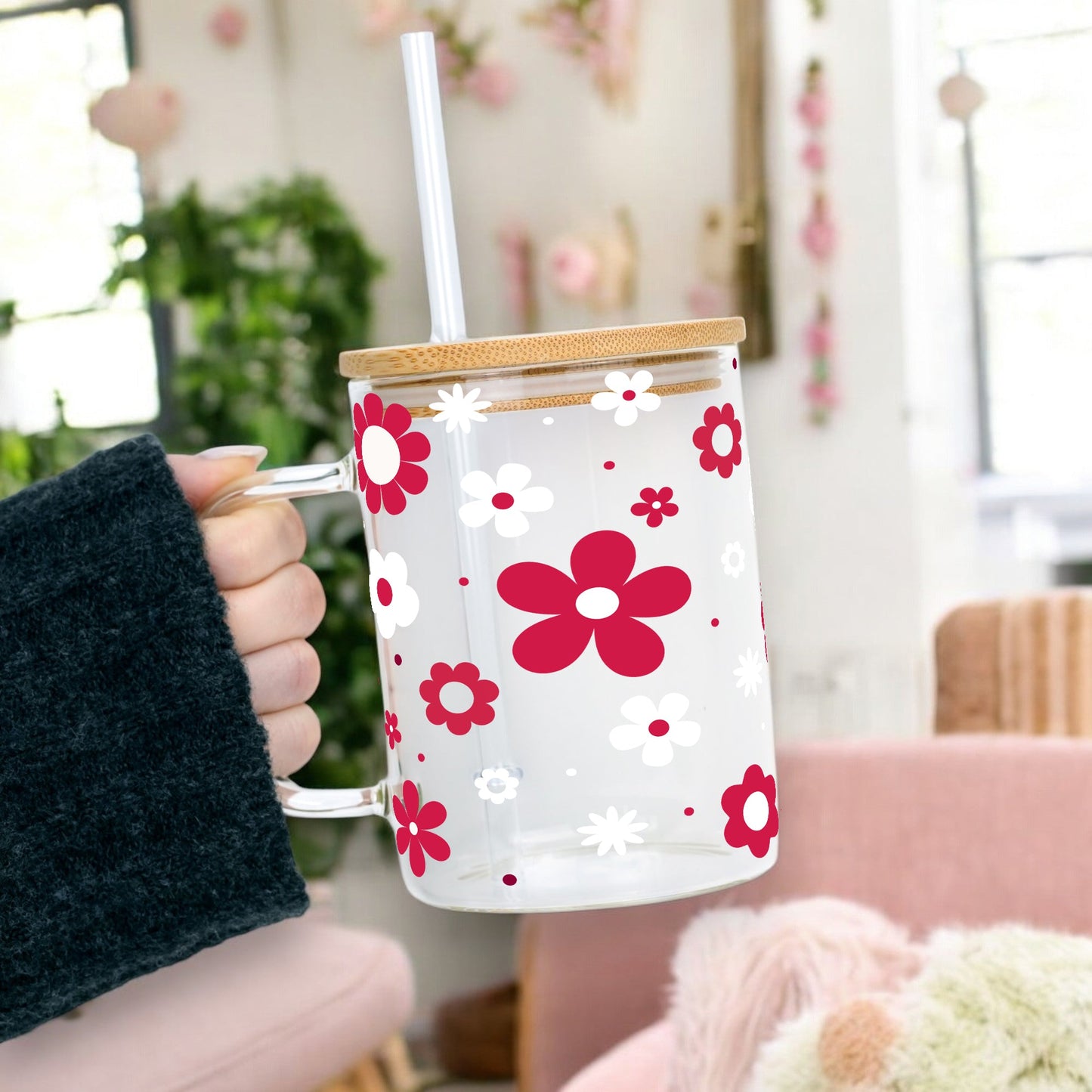 Red Daisy Glass Cup, Mug & Tumbler with Lid and Straw