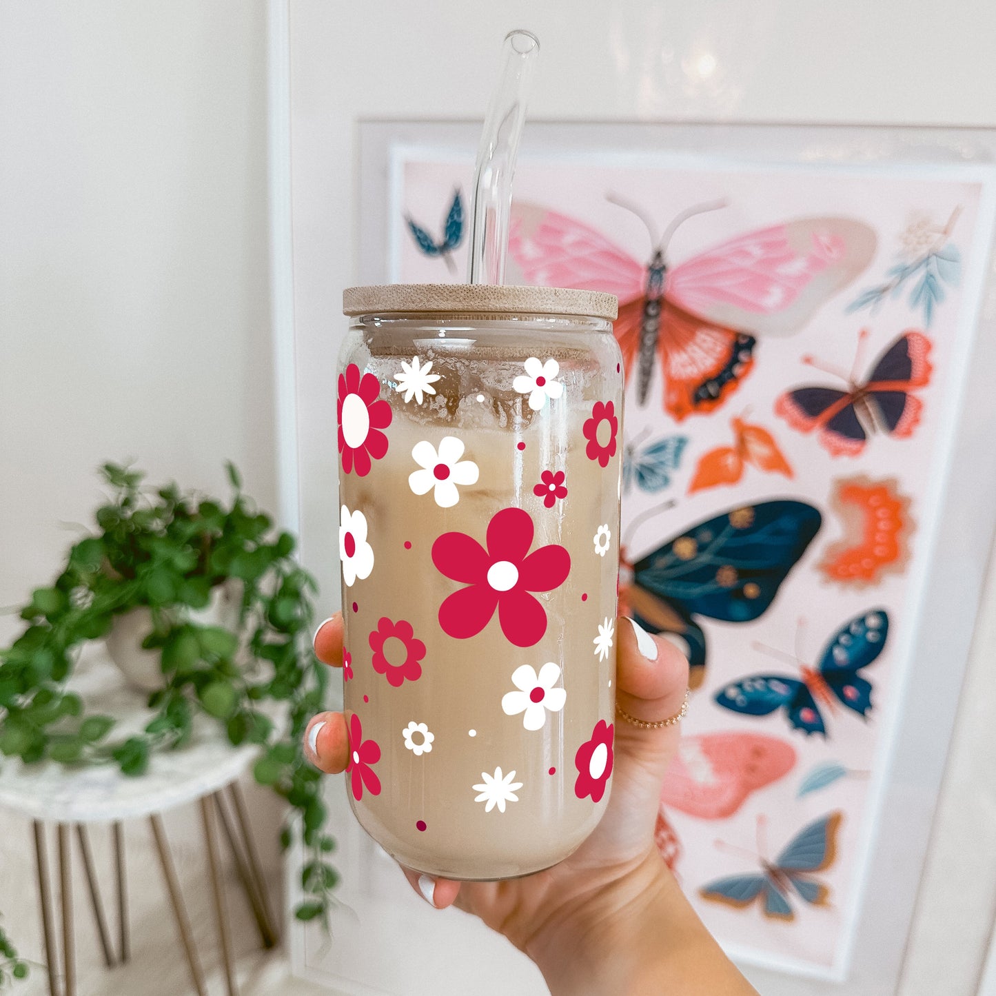 Red Daisy Glass Cup, Mug & Tumbler with Lid and Straw