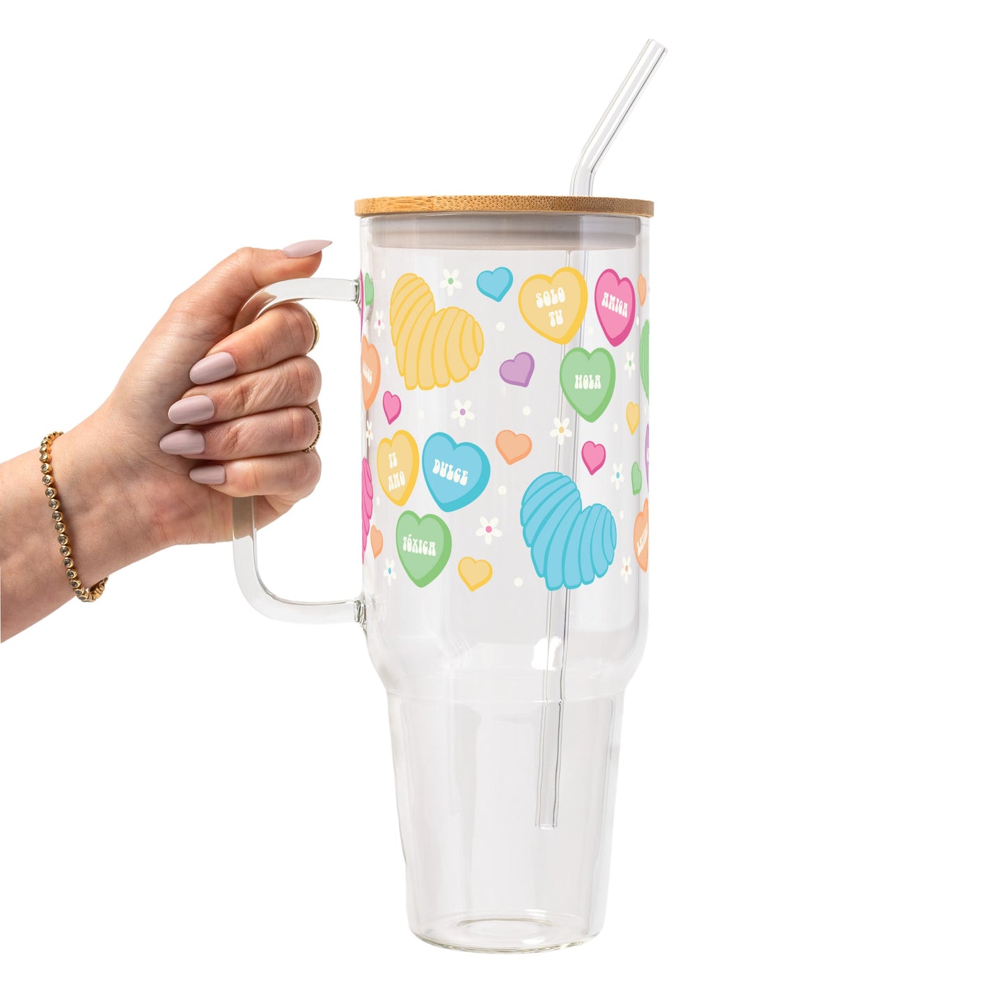 Concha Candy Hearts Glass Cup, Mug & Tumbler with Lid and Straw