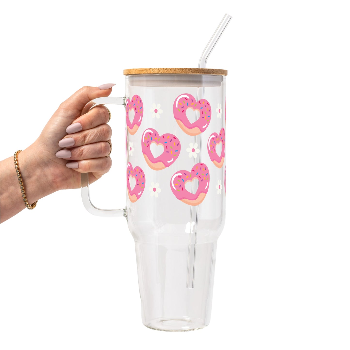 Valentine's Day Pink Donut Heart Glass Cup, Mug & Tumbler with Lid and Straw