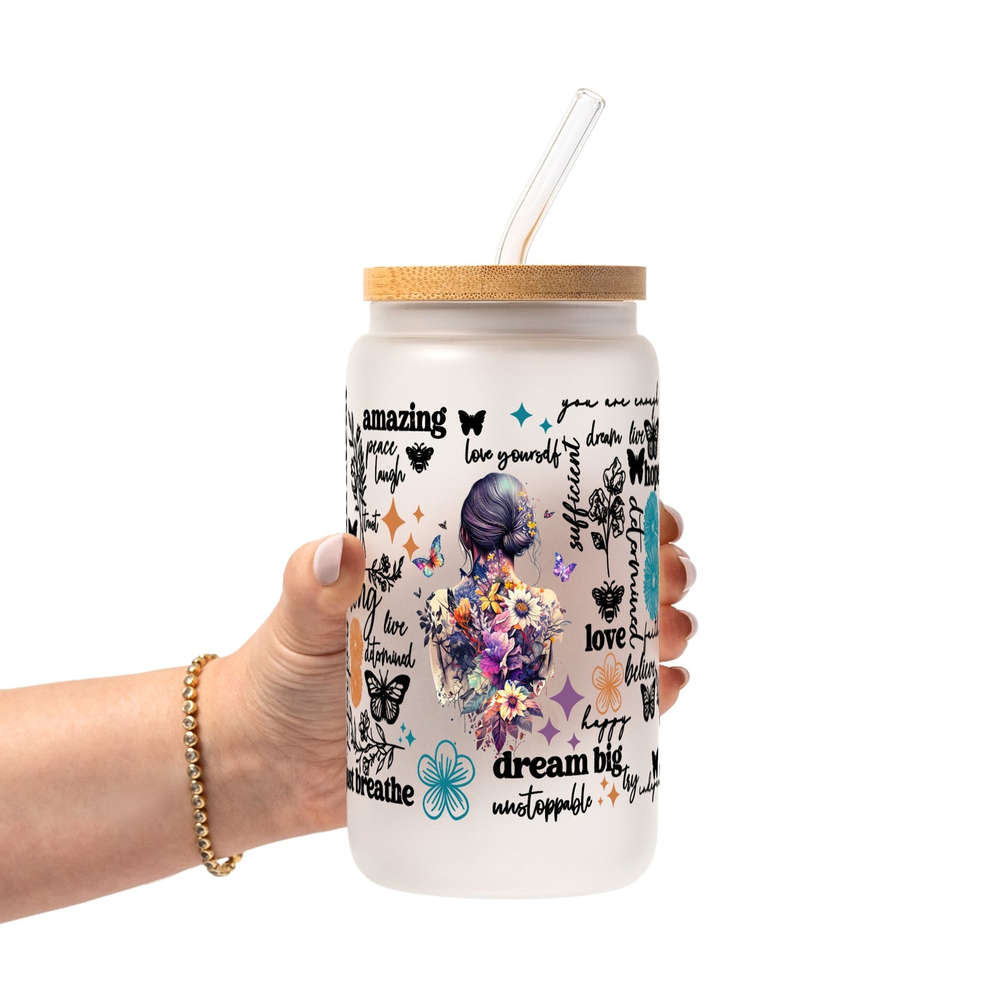 Flower Affirmations Glass Cup, Mug & Tumbler with Lid and Straw