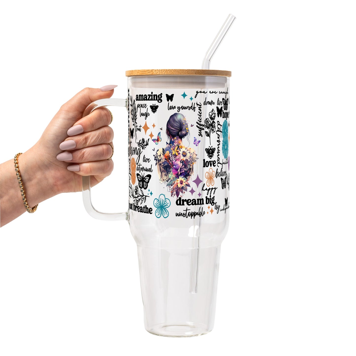 Flower Affirmations Glass Cup, Mug & Tumbler with Lid and Straw