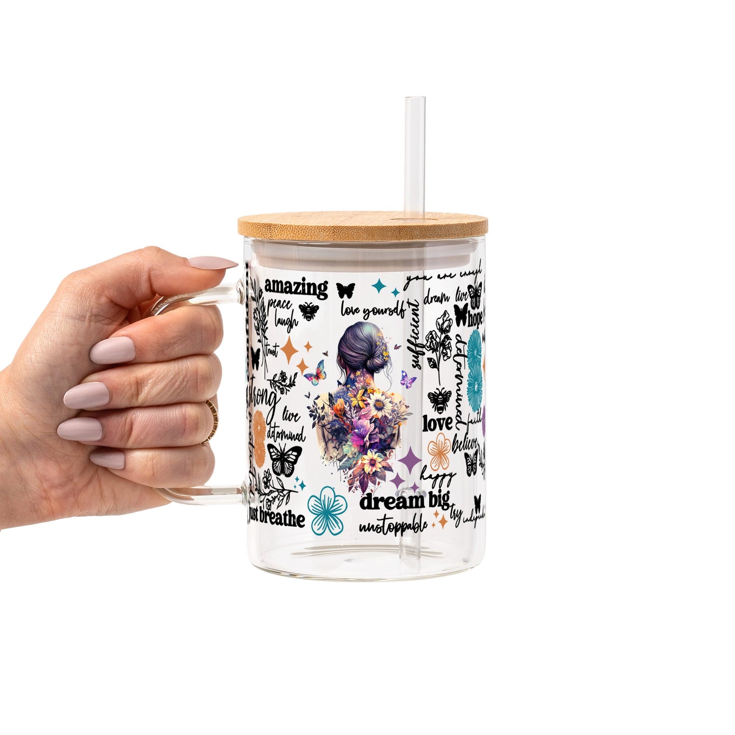 Flower Affirmations Glass Cup, Mug & Tumbler with Lid and Straw