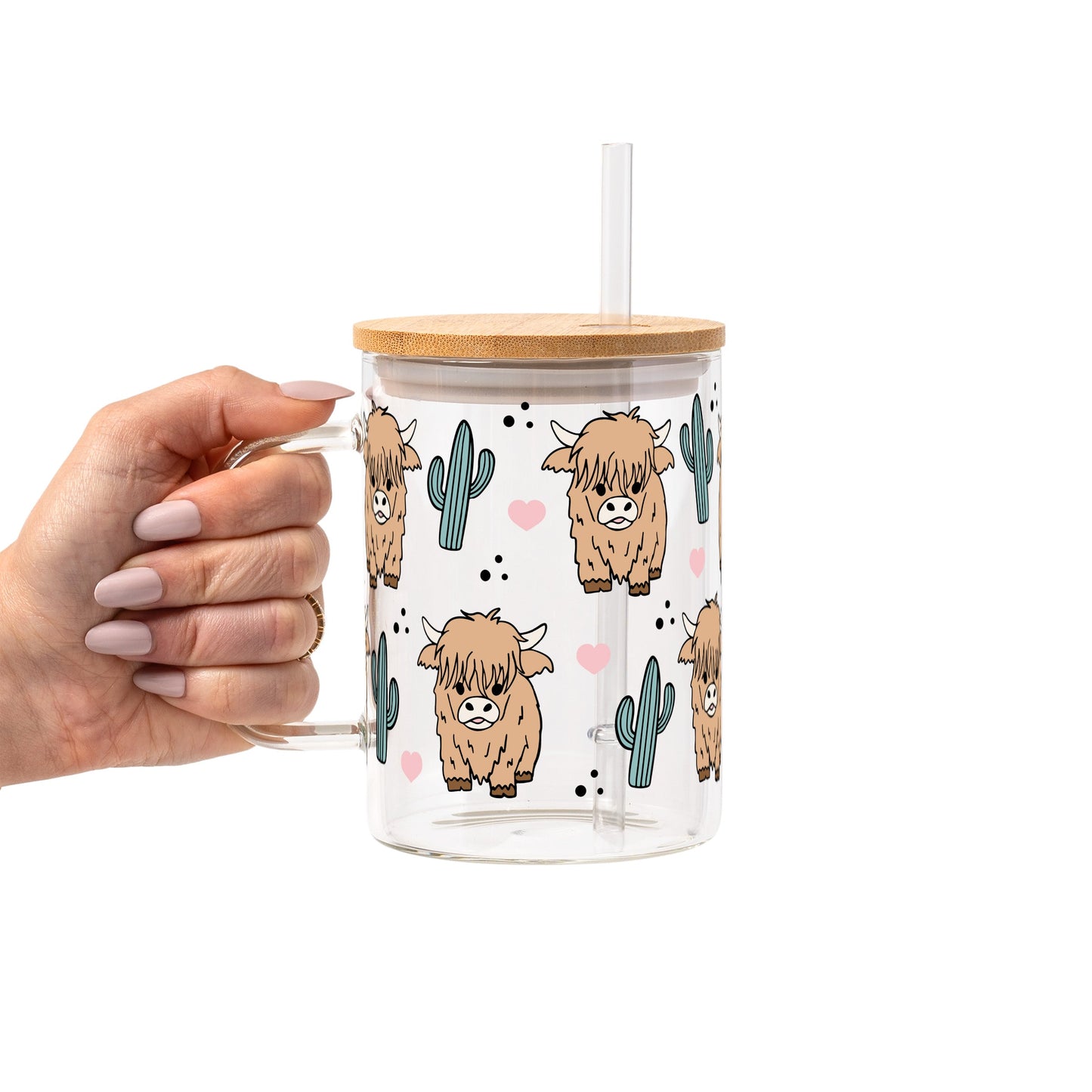 Fluffy Highland Cow With Cacti Glass Cup, Mug & Tumbler with Lid and Straw