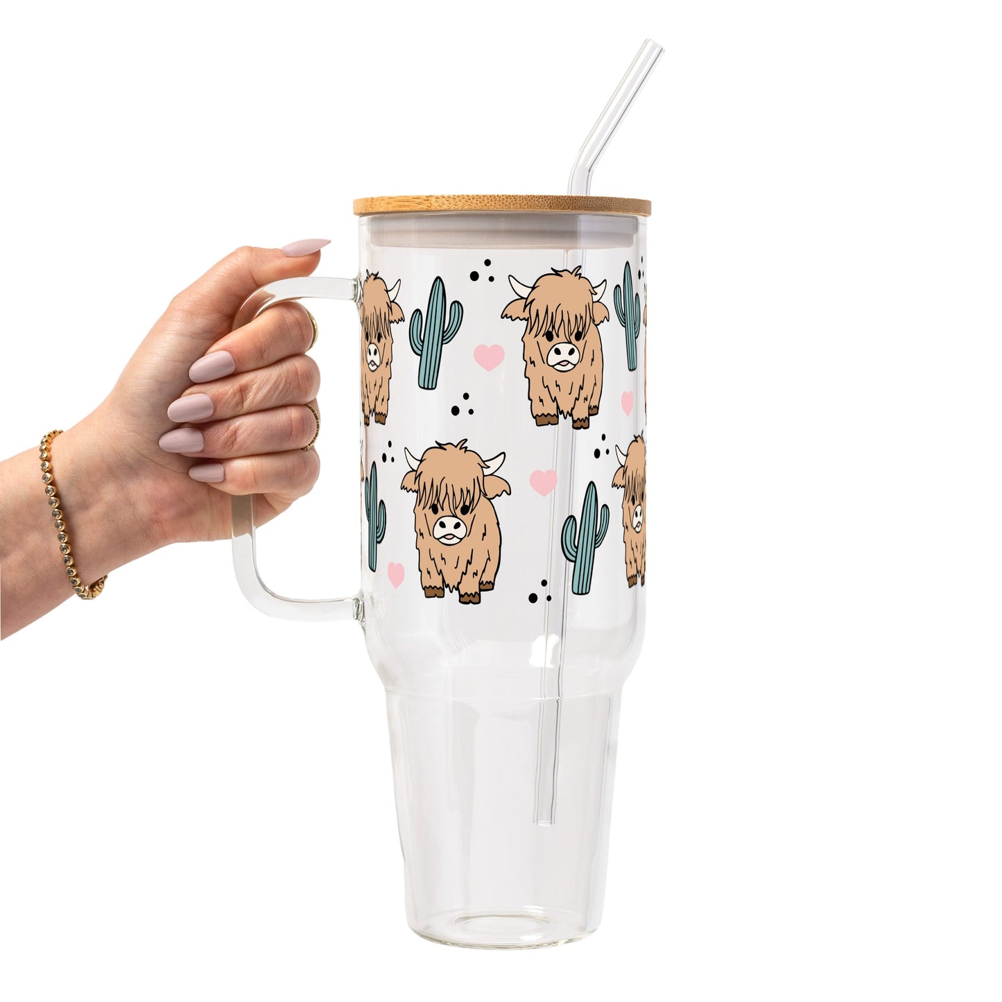 Fluffy Highland Cow With Cacti Glass Cup, Mug & Tumbler with Lid and Straw