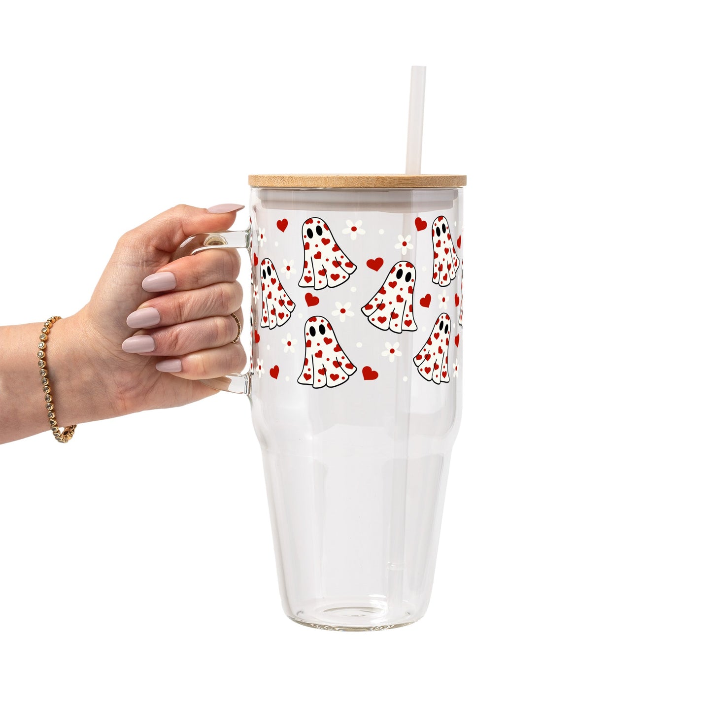 Heart Ghosts Valentine Glass Cup, Mug & Tumbler with Lid and Straw