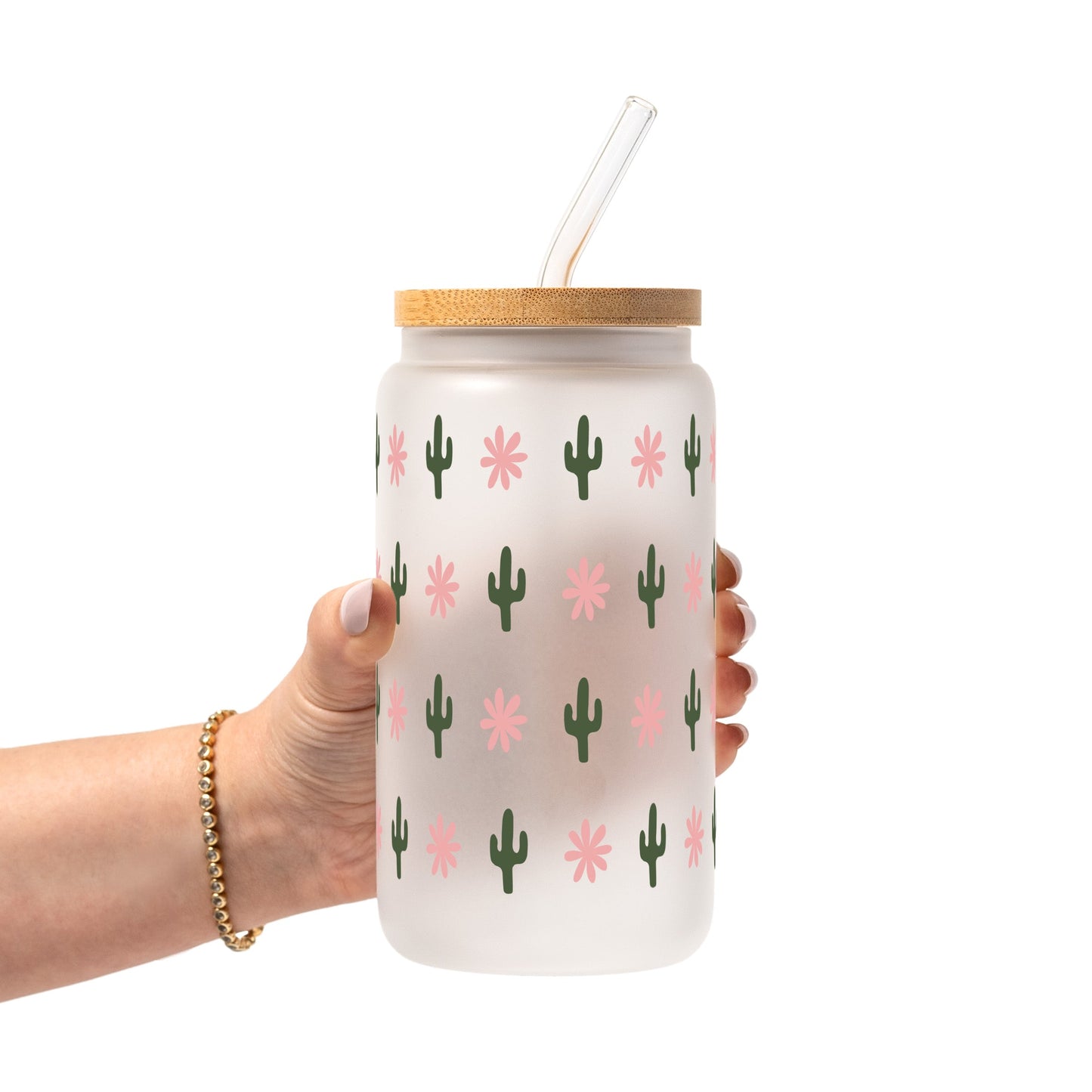Western Mini Cacti Glass Cup, Mug & Tumbler with Lid and Straw