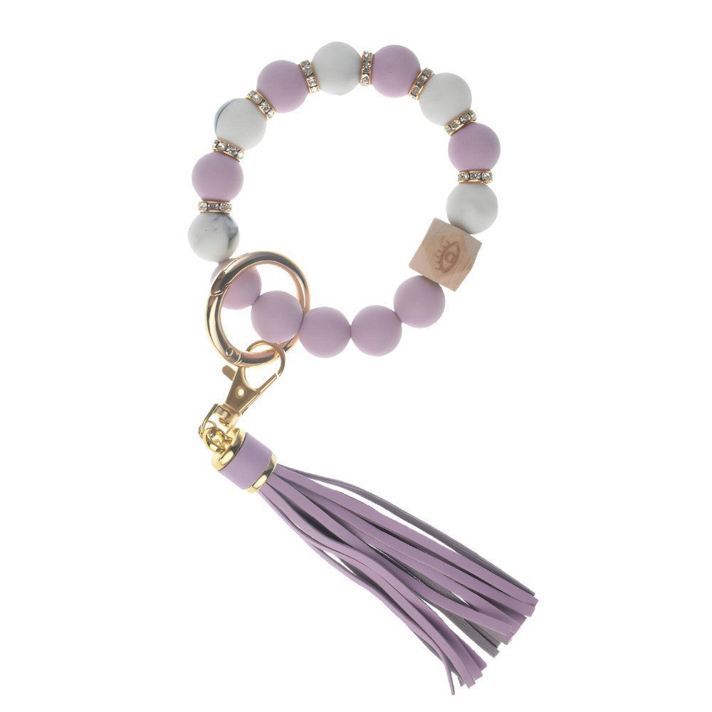 PU Tassel Keychain Women's Bag charm Silicone Beaded Keychain Wristlet Key Ring Bracelet Cute Car Key Chain Holder for Women Girls