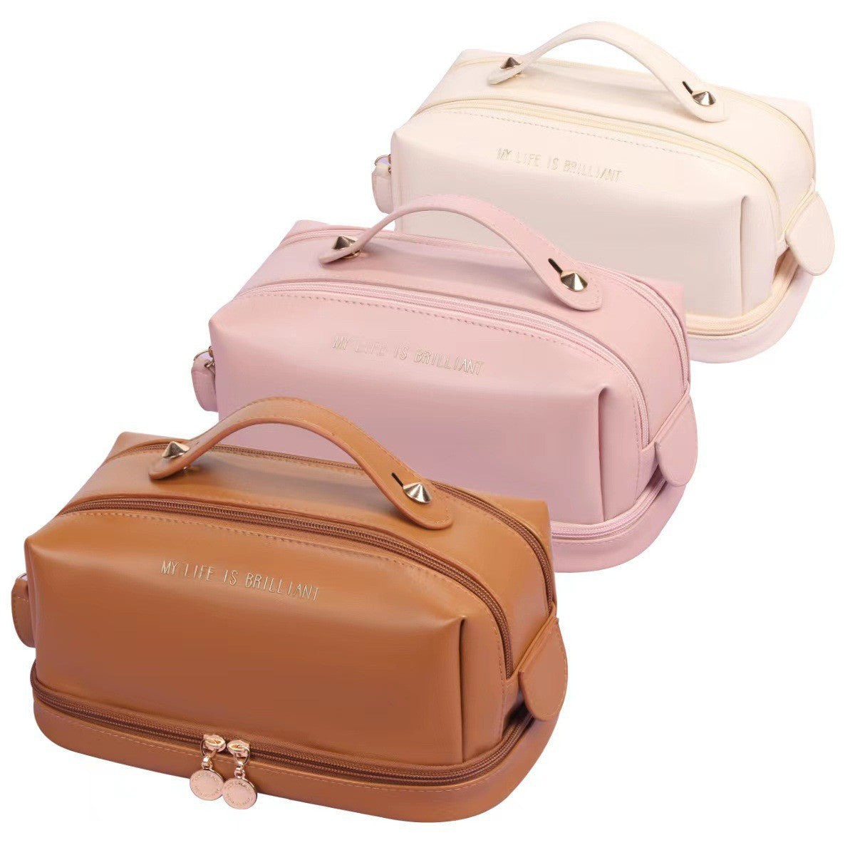 Double layer double zipper makeup bag for women,Large capacity women's cosmetic bag, PU leather toilet bag, cosmetic storage bag, makeup bag organizer,