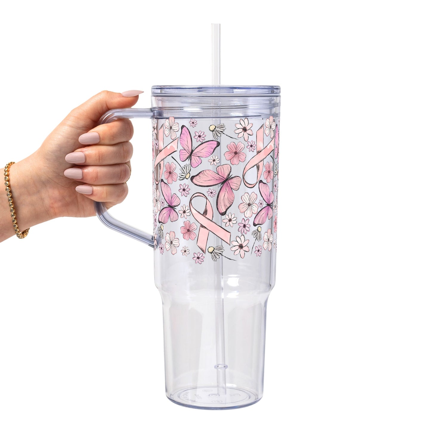 Breast Cancer Awareness Pink Ribbon Glass Cup, Mug & Tumbler with Lid and Straw