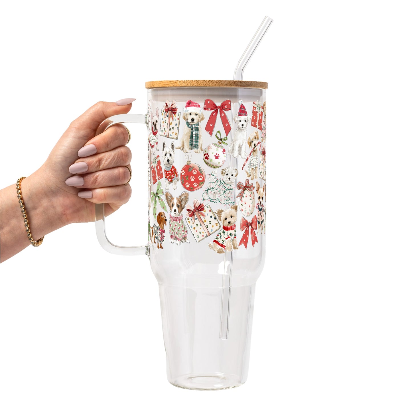 Holiday Pups Glass Cup, Mug & Tumbler with Lid and Straw