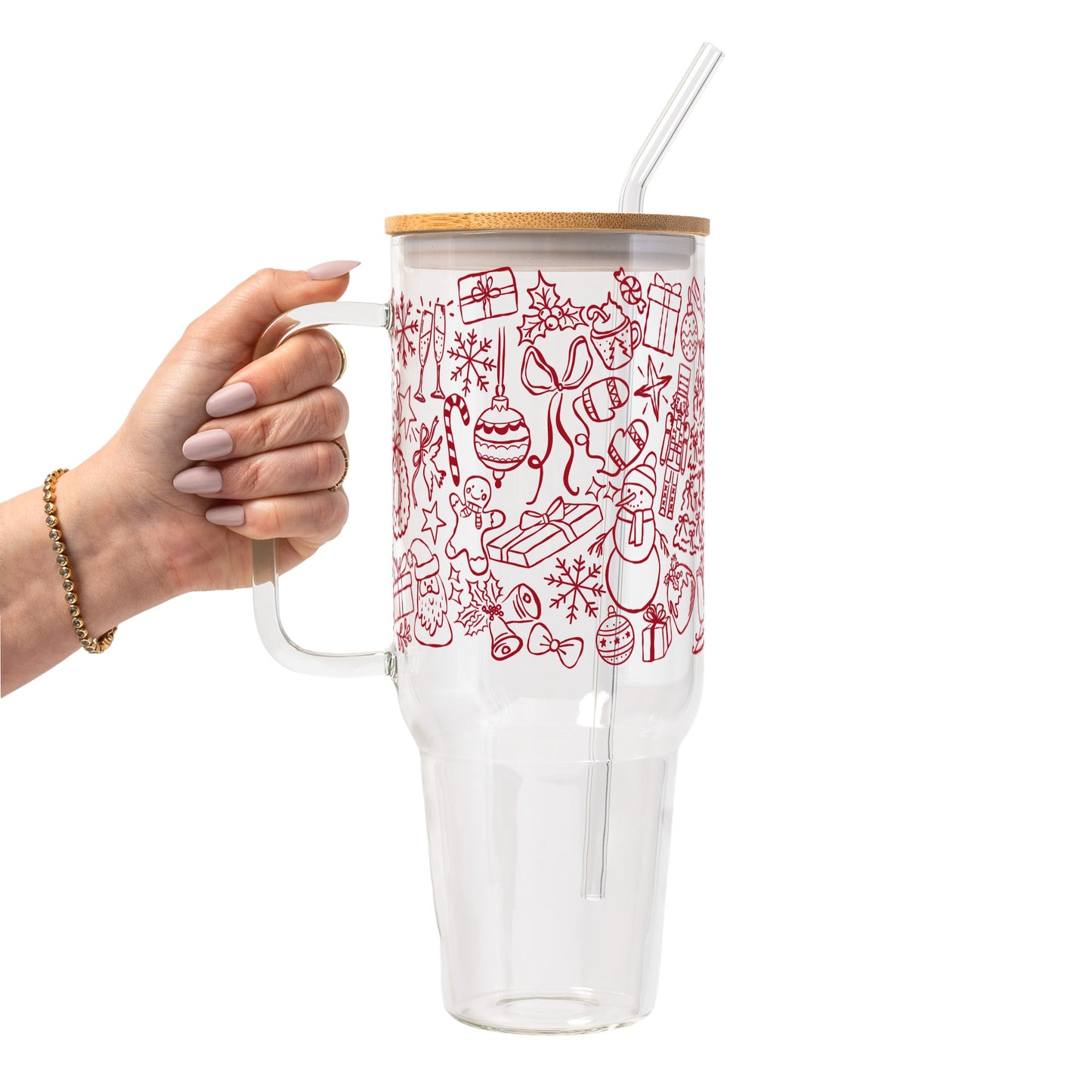 Christmas Doodles Glass Cup, Mug & Tumbler with Lid and Straw