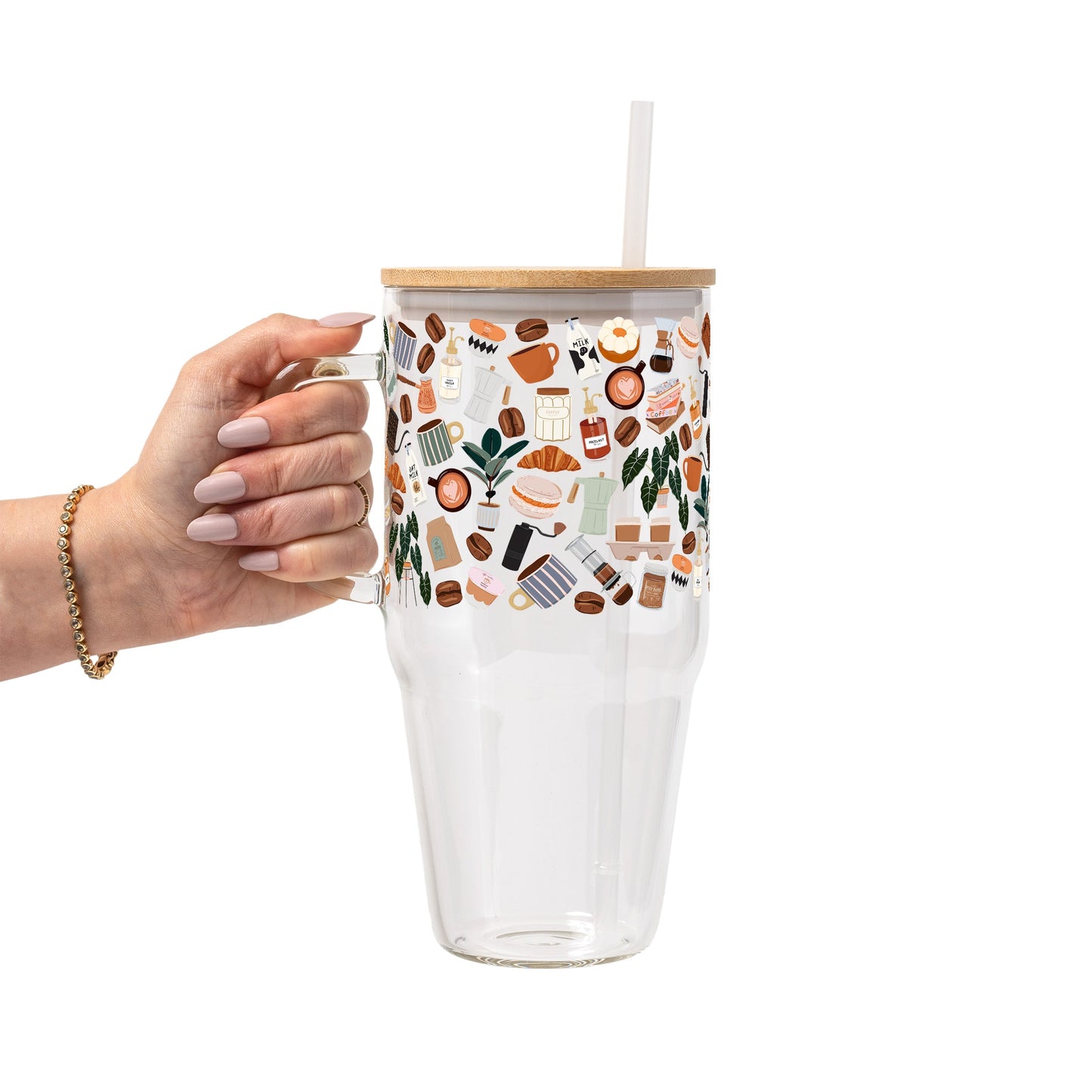 Cafe Cutie Glass Cup, Mug & Tumbler with Lid and Straw