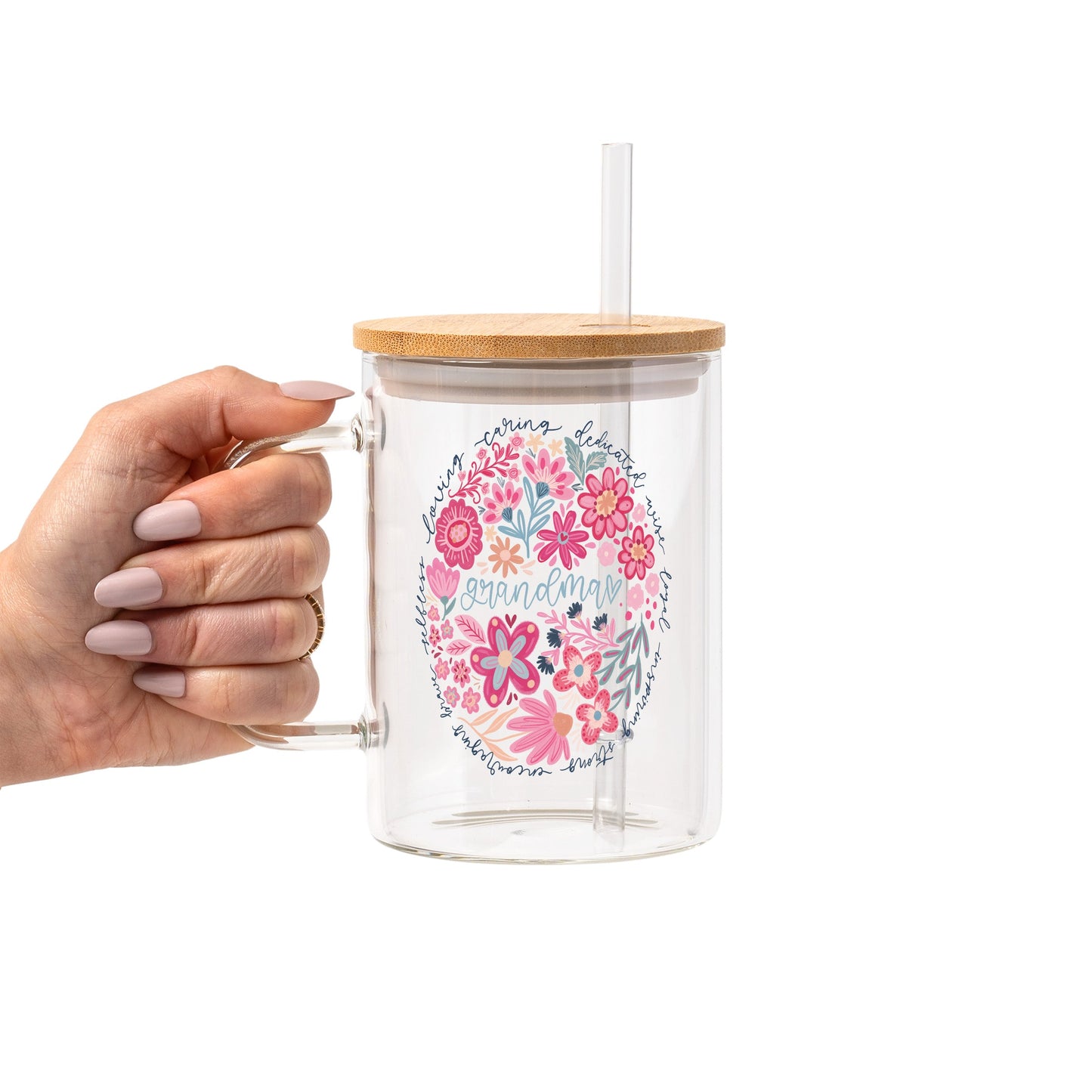 Floral Grandma Glass Cup, Mug & Tumbler with Lid and Straw