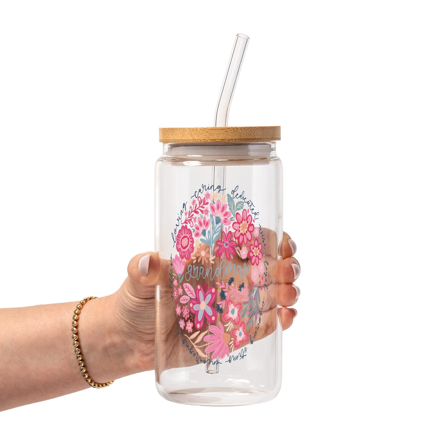 Floral Grandma Glass Cup, Mug & Tumbler with Lid and Straw