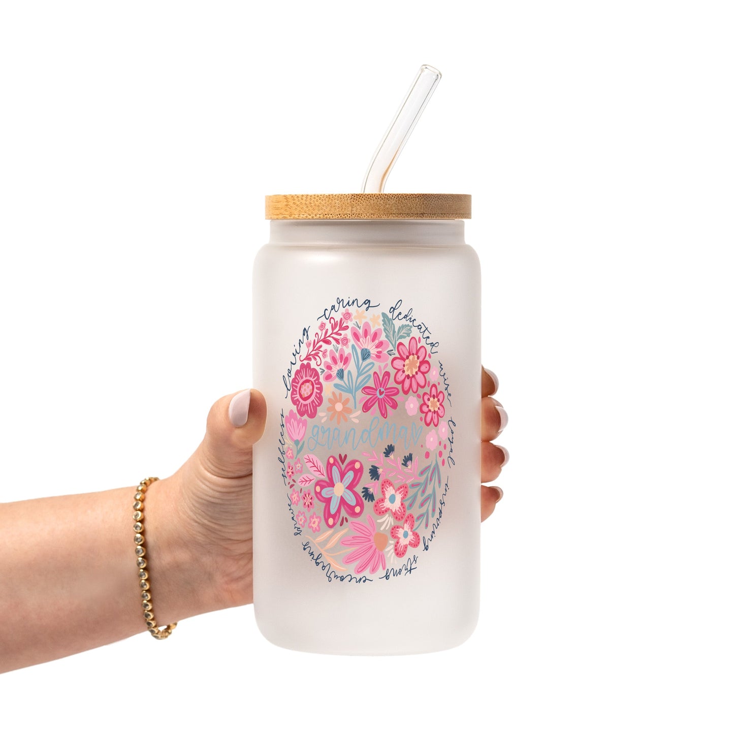 Floral Grandma Glass Cup, Mug & Tumbler with Lid and Straw