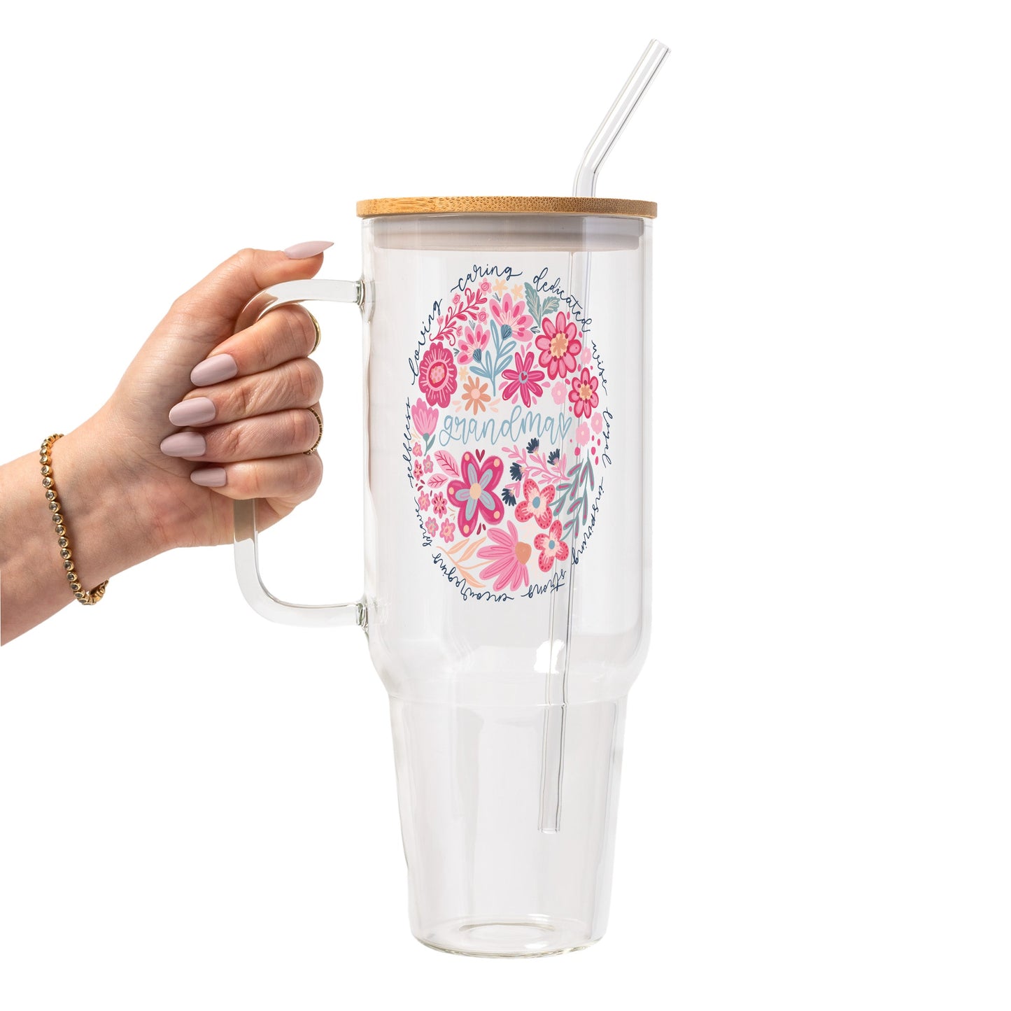 Floral Grandma Glass Cup, Mug & Tumbler with Lid and Straw