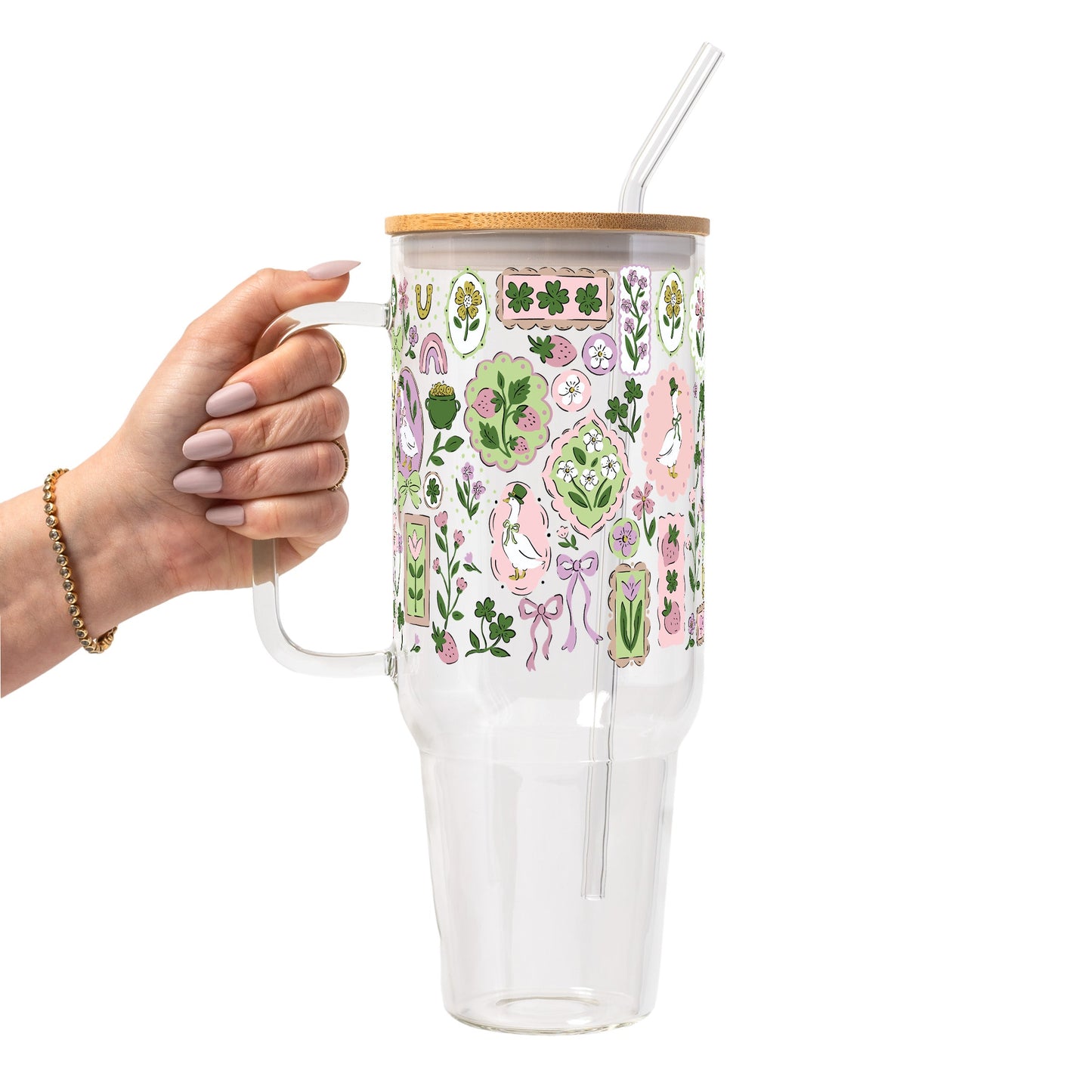 Lucky Geese Glass Cup, Mug & Tumbler with Lid and Straw