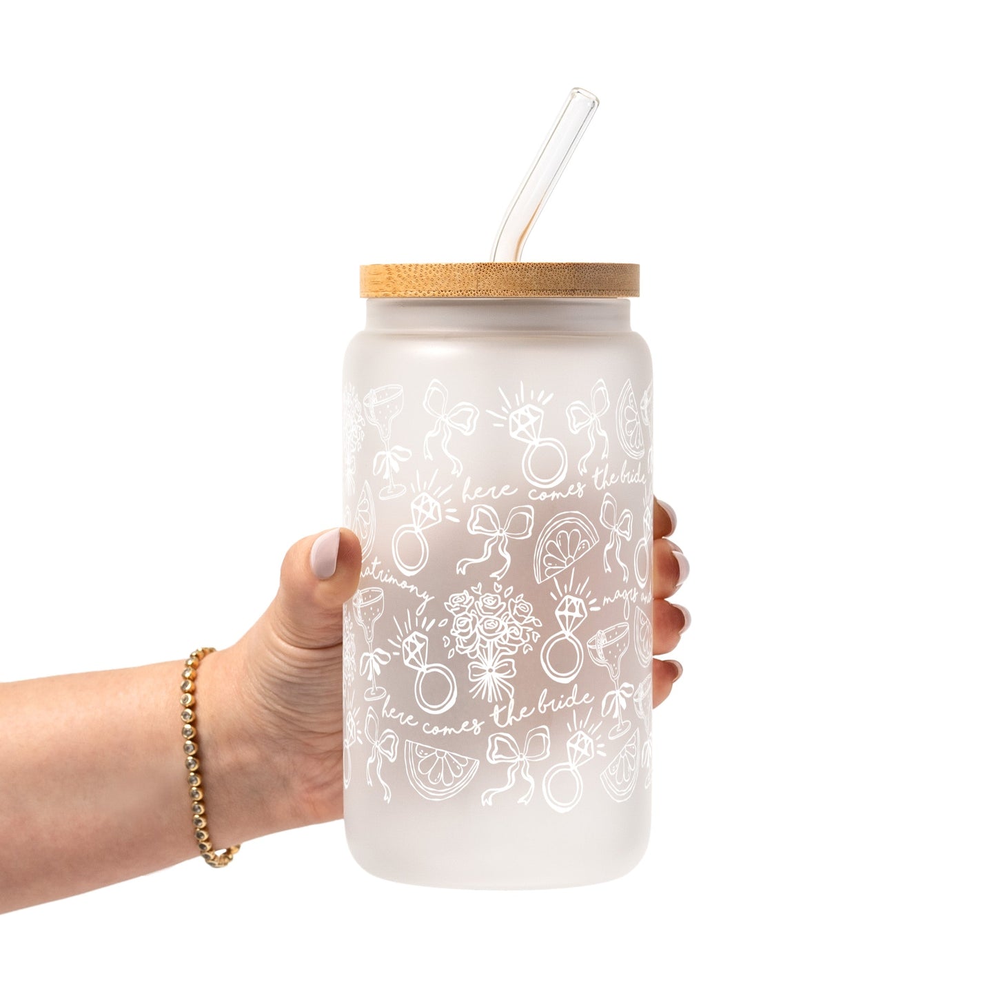 Margs and Matrimony Bride Glass Cup, Mug & Tumbler with Lid and Straw