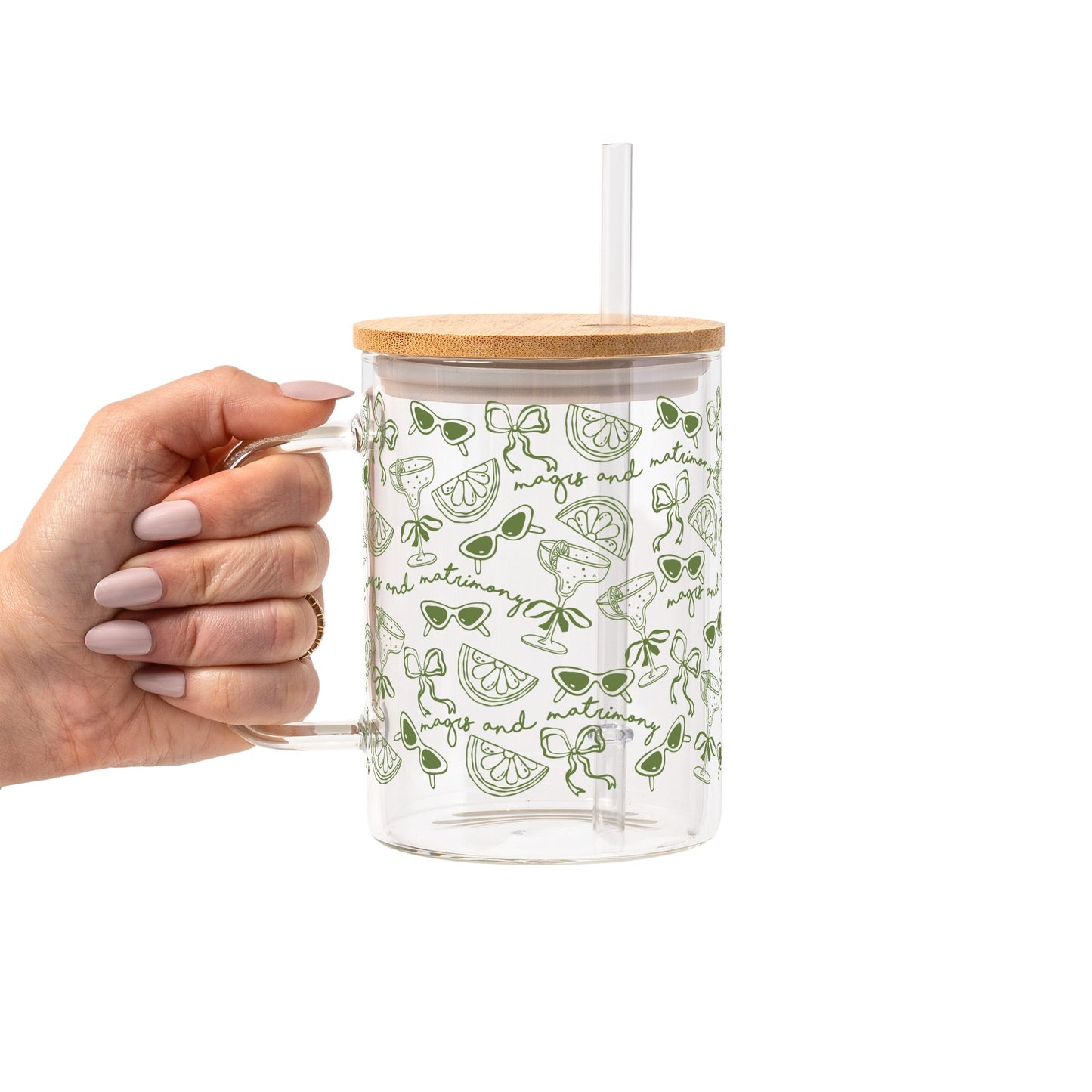 Margs and Matrimony Bridesmaids Glass Cup, Mug & Tumbler with Lid and Straw