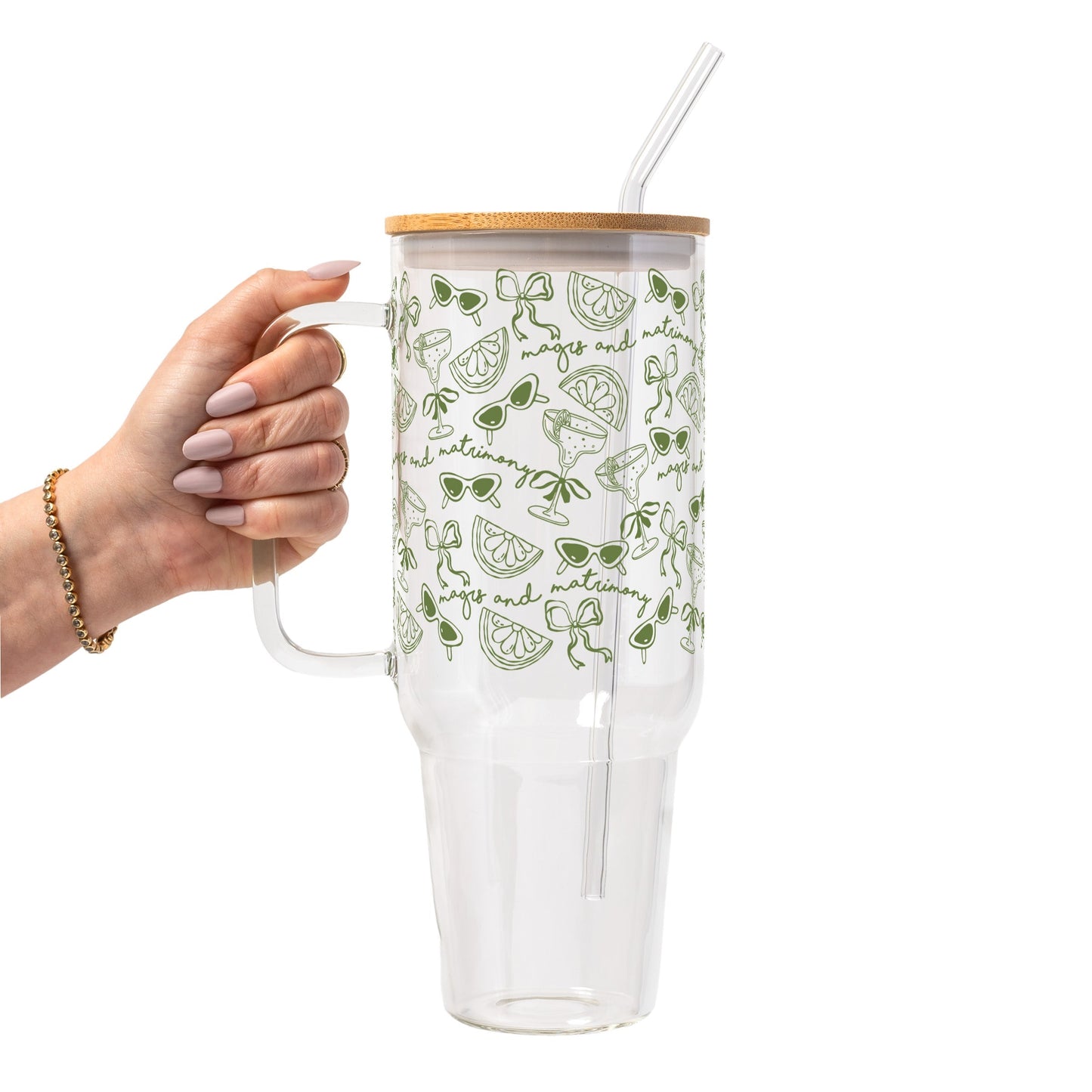 Margs and Matrimony Bride Glass Cup, Mug & Tumbler with Lid and Straw