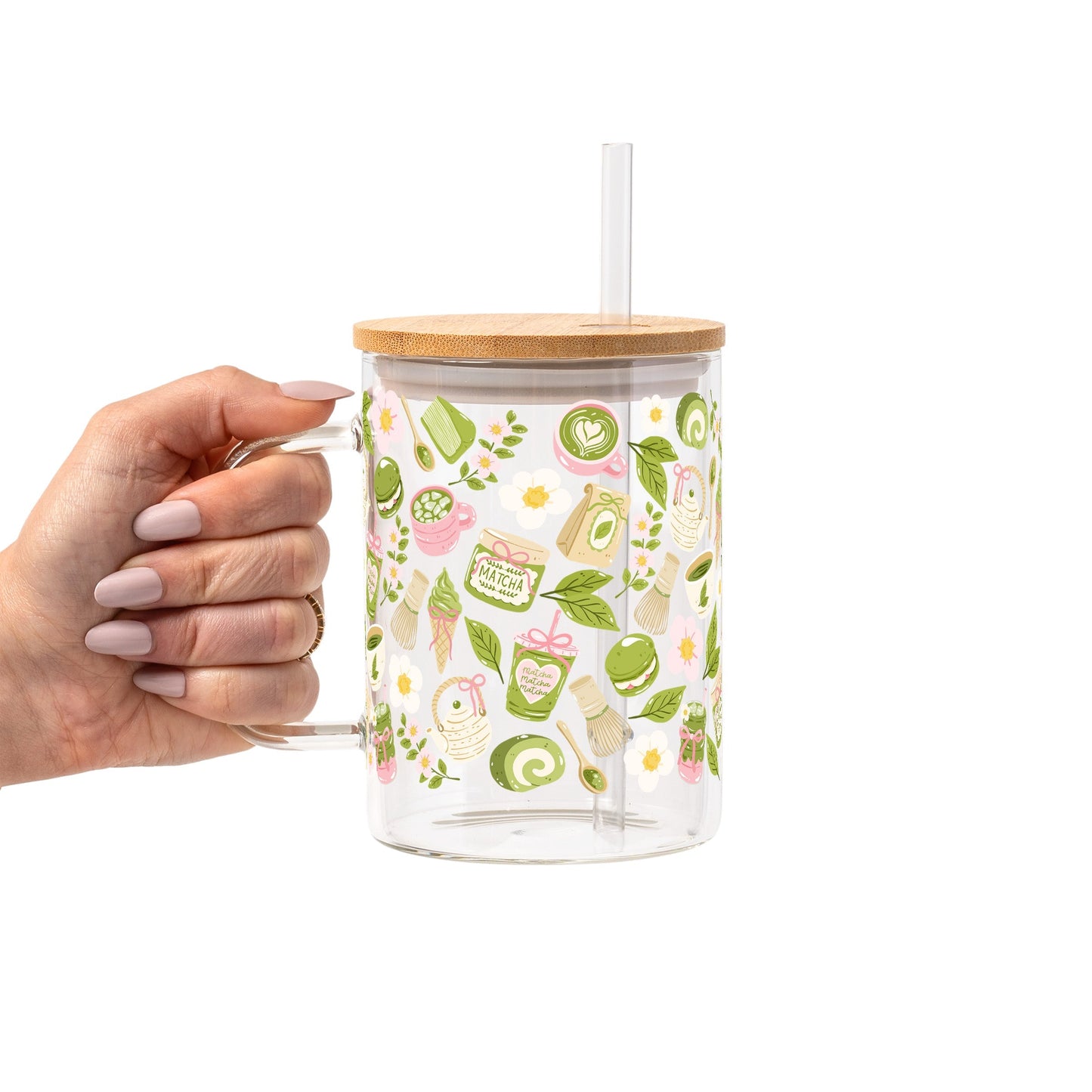 Matcha Moments Glass Cup, Mug & Tumbler with Lid and Straw