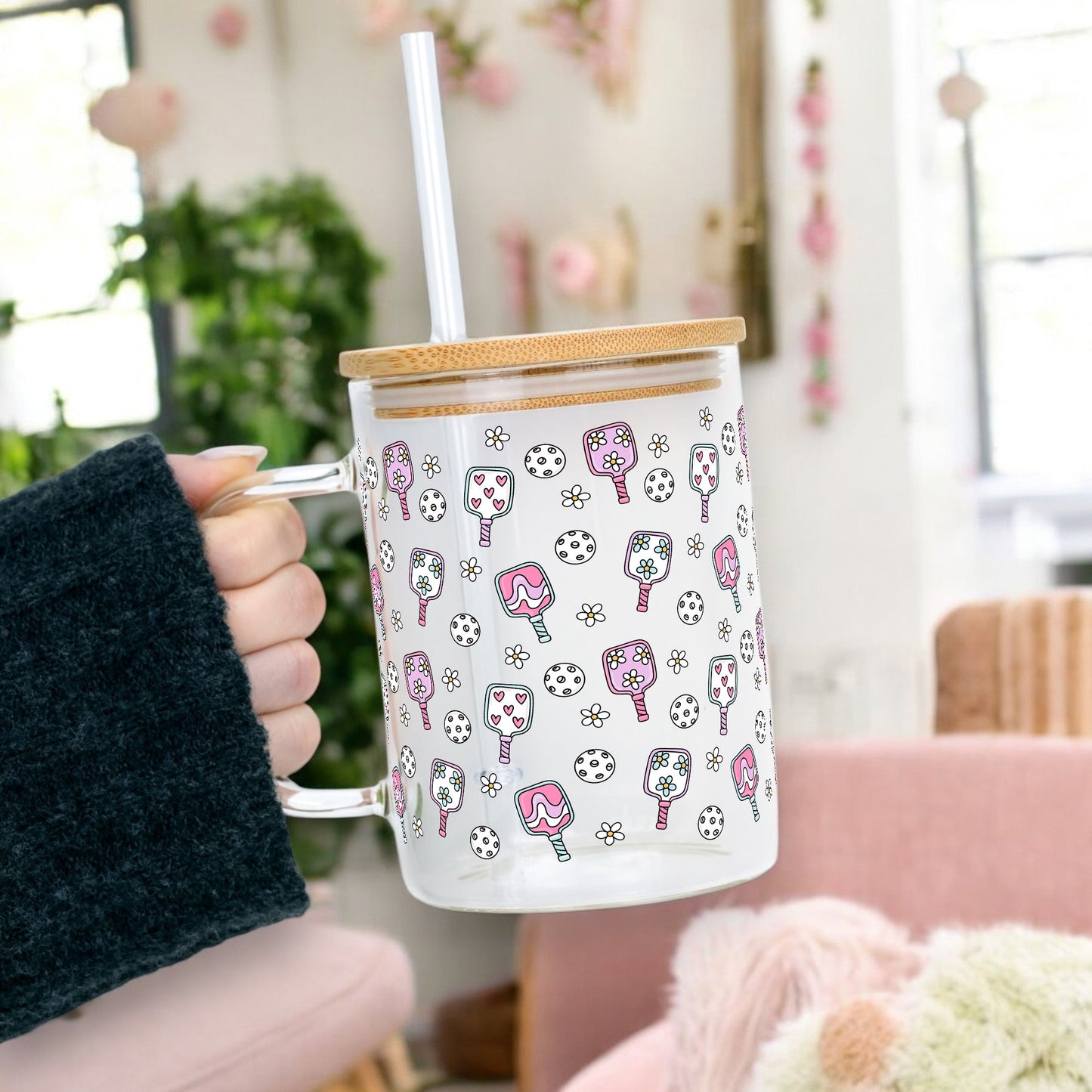 Floral Pickleball Glass Cup, Mug & Tumbler with Lid and Straw