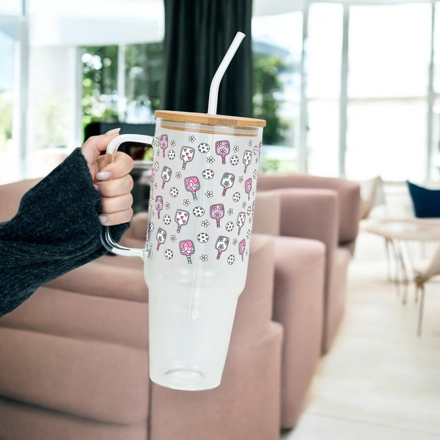 Floral Pickleball Glass Cup, Mug & Tumbler with Lid and Straw