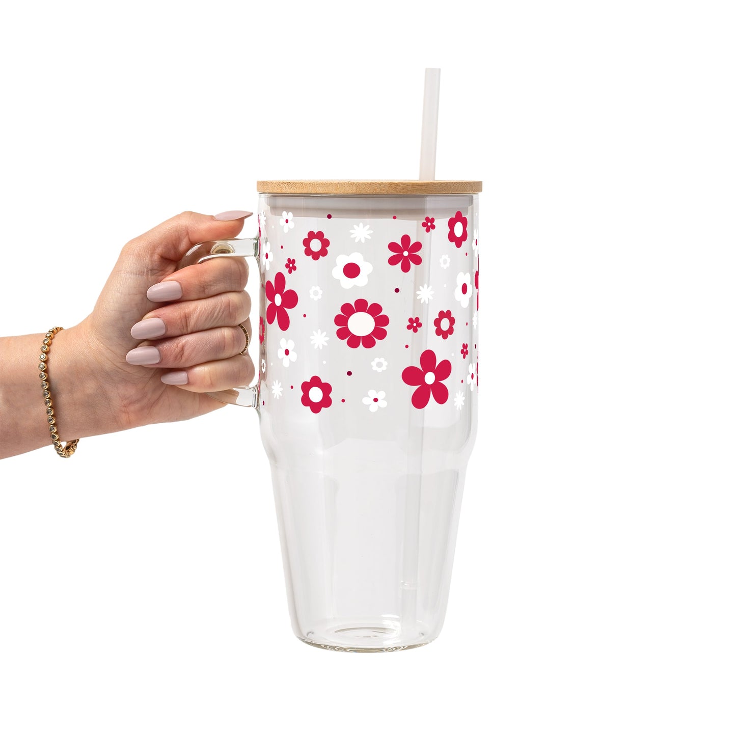 Red Daisy Glass Cup, Mug & Tumbler with Lid and Straw