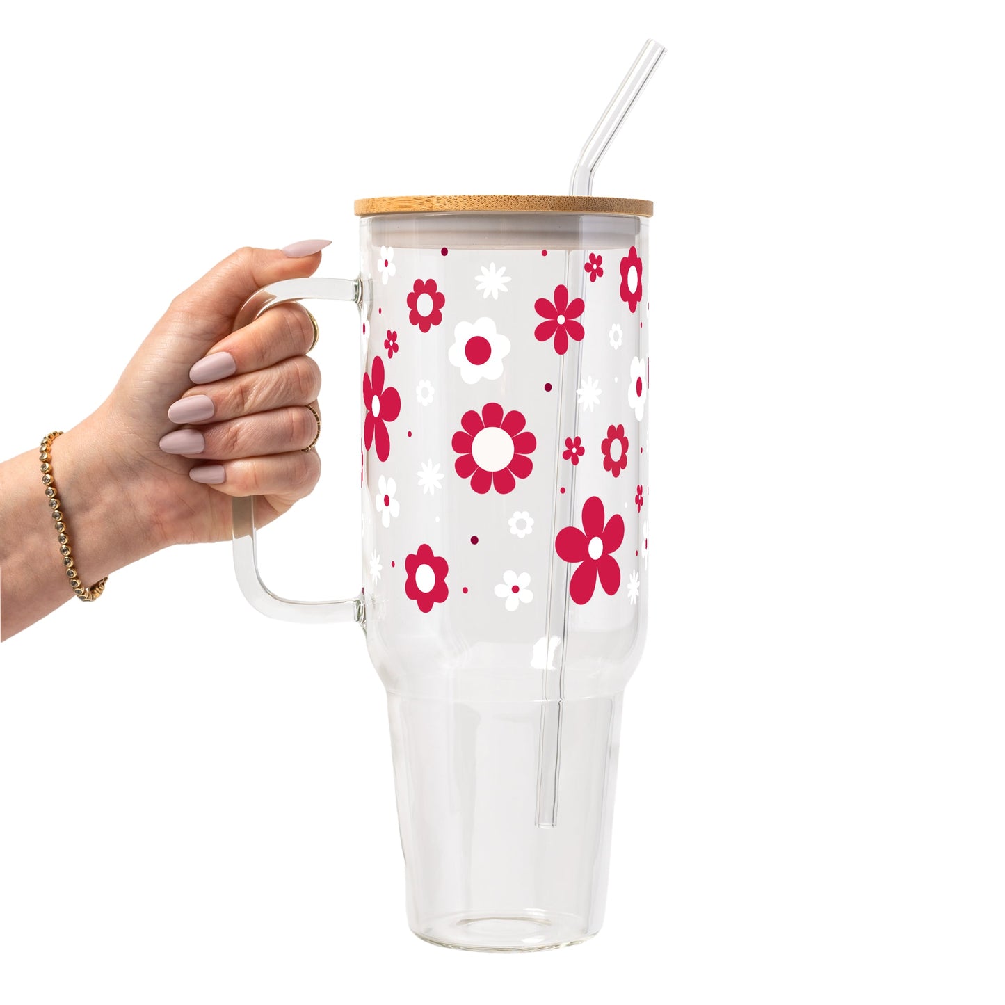 Red Daisy Glass Cup, Mug & Tumbler with Lid and Straw